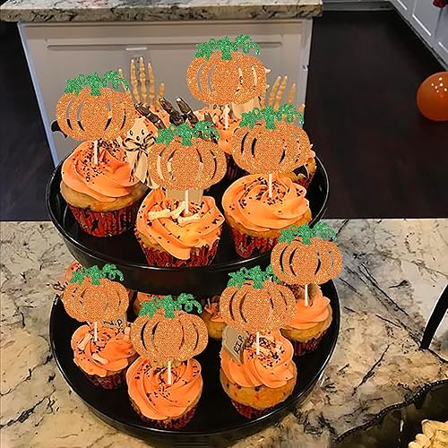 Miniatura 7 de Rsstarxi Paquete de 24 adornos de calabaza para cupcakes con purpurina para baby shower, cumpleaños, decoración para calabaza, otoño, Acción de