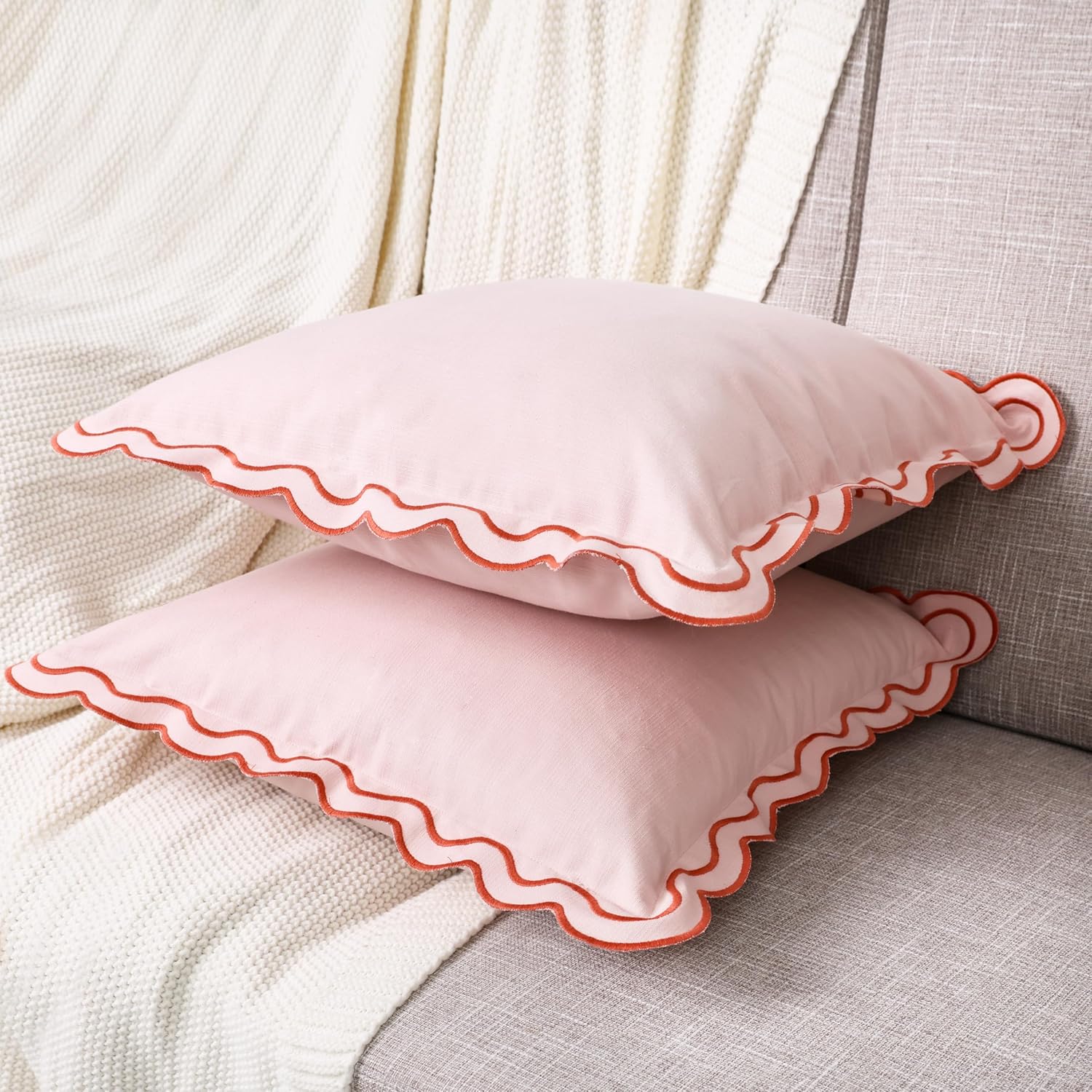 Chlophy Scalloped Pillow Cover Set of 2 Valentine Pillow Covers 100% Cotton Spring Throw Pillow Covers Boho Farmhouse Home Decor for Couch Sofa Living Room Embroidered Washable Pink 20x20in