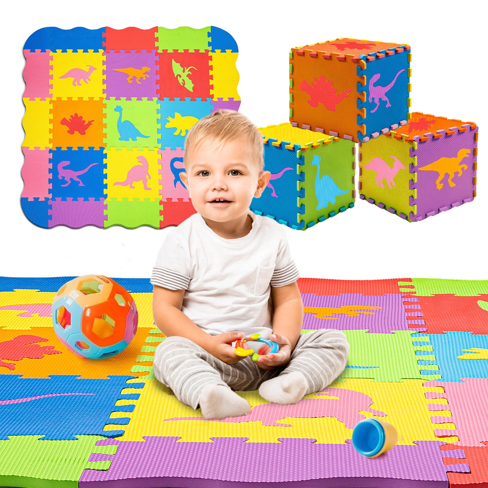 TOYVELT Foam Puzzle Floor Mat for Kids 12x12-25 Interlocking Dinosaurs Play Mat Tiles Multicolor - Educational Large Puzzle Foam Floor Tiles for