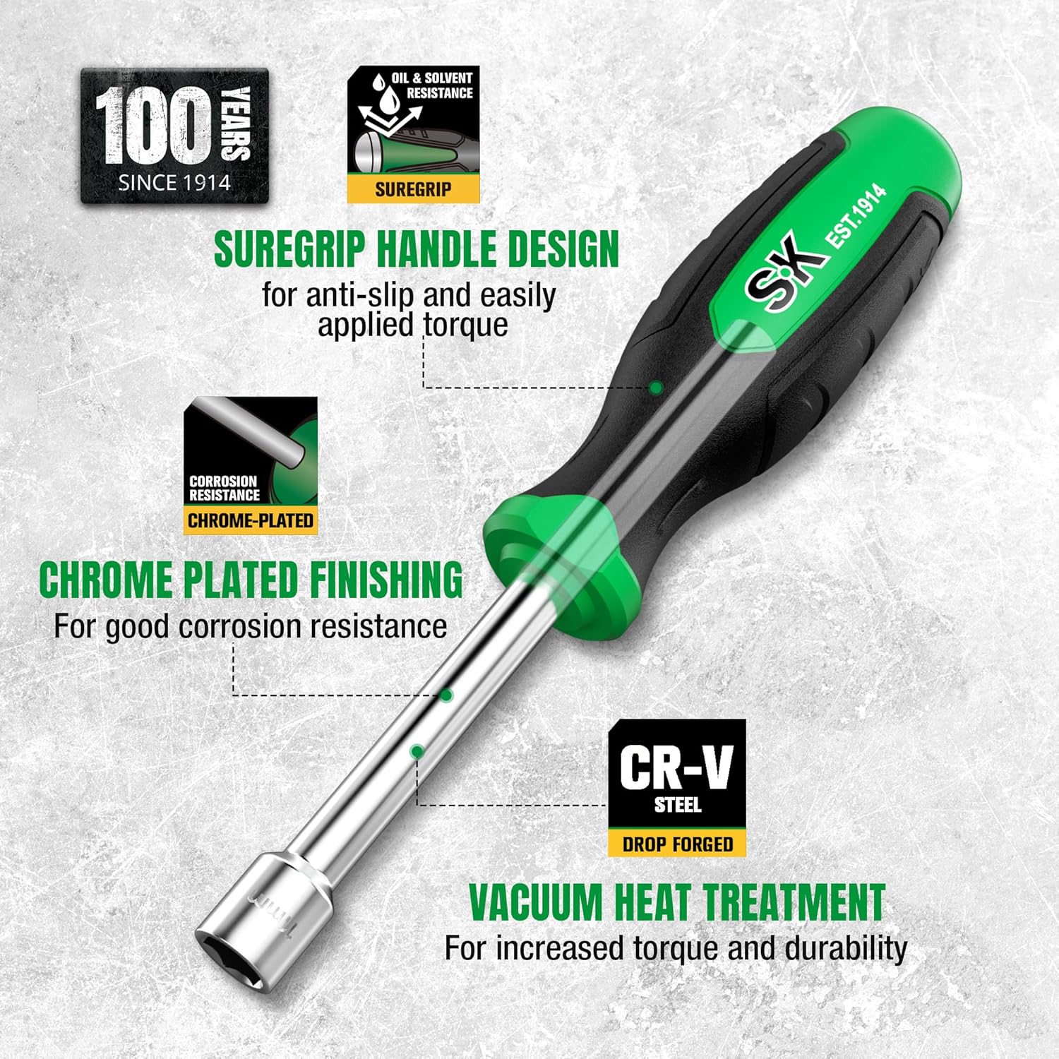 SK 7-Piece Metric Nut Driver Set, 5, 6, 7, 8, 9, 10, 11 mm, Premium CR-V Construction, SureGrip Handle