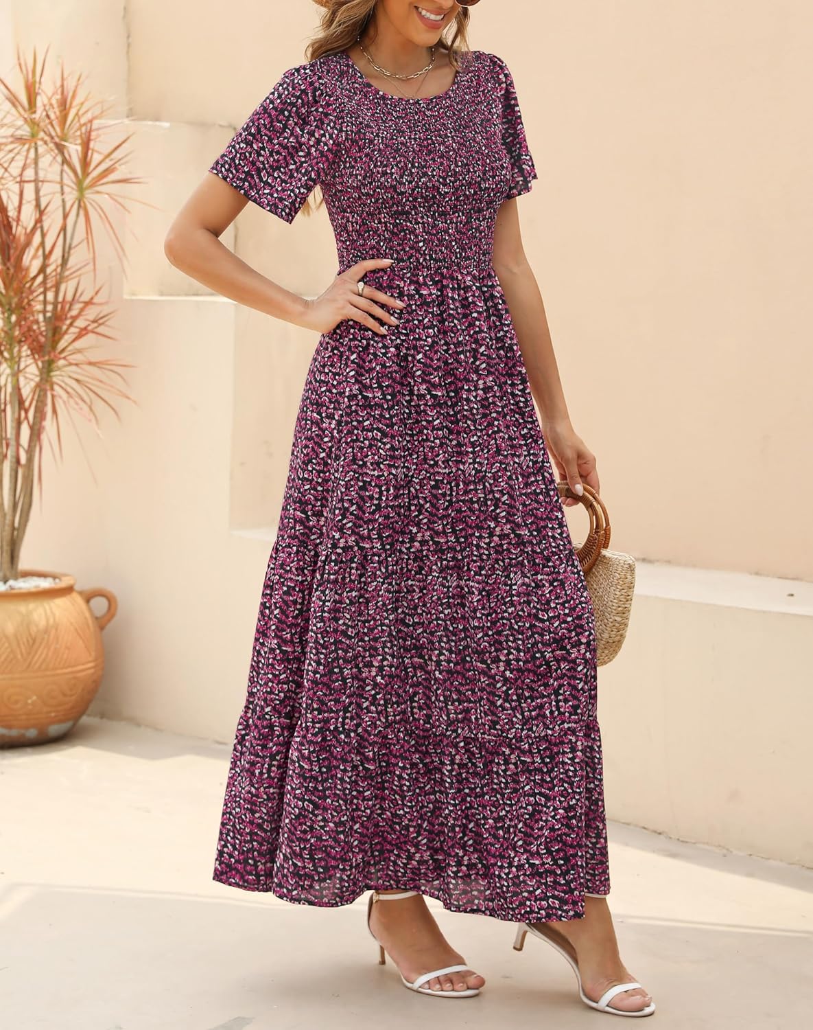 Kranda Women 2025 Summer Fall Crewneck Short Sleeve Smocked Floral Maxi Dress