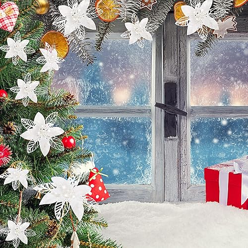 Miniatura 9 de 24 piezas de flores artificiales de Navidad con purpurina para decoración de boda, árbol de Navidad, Año Nuevo (blanco)