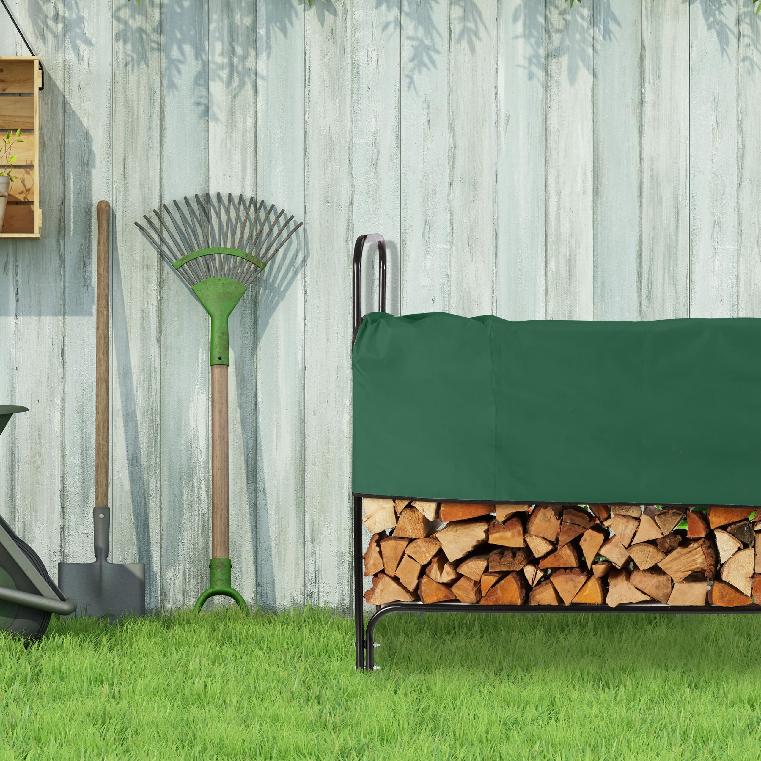 Relaxdays Leñero de Metal, Estantería de Leña con Funda, 122x250x30cm, Soporte Troncos y Astillas Chimenea, Negro/Verde