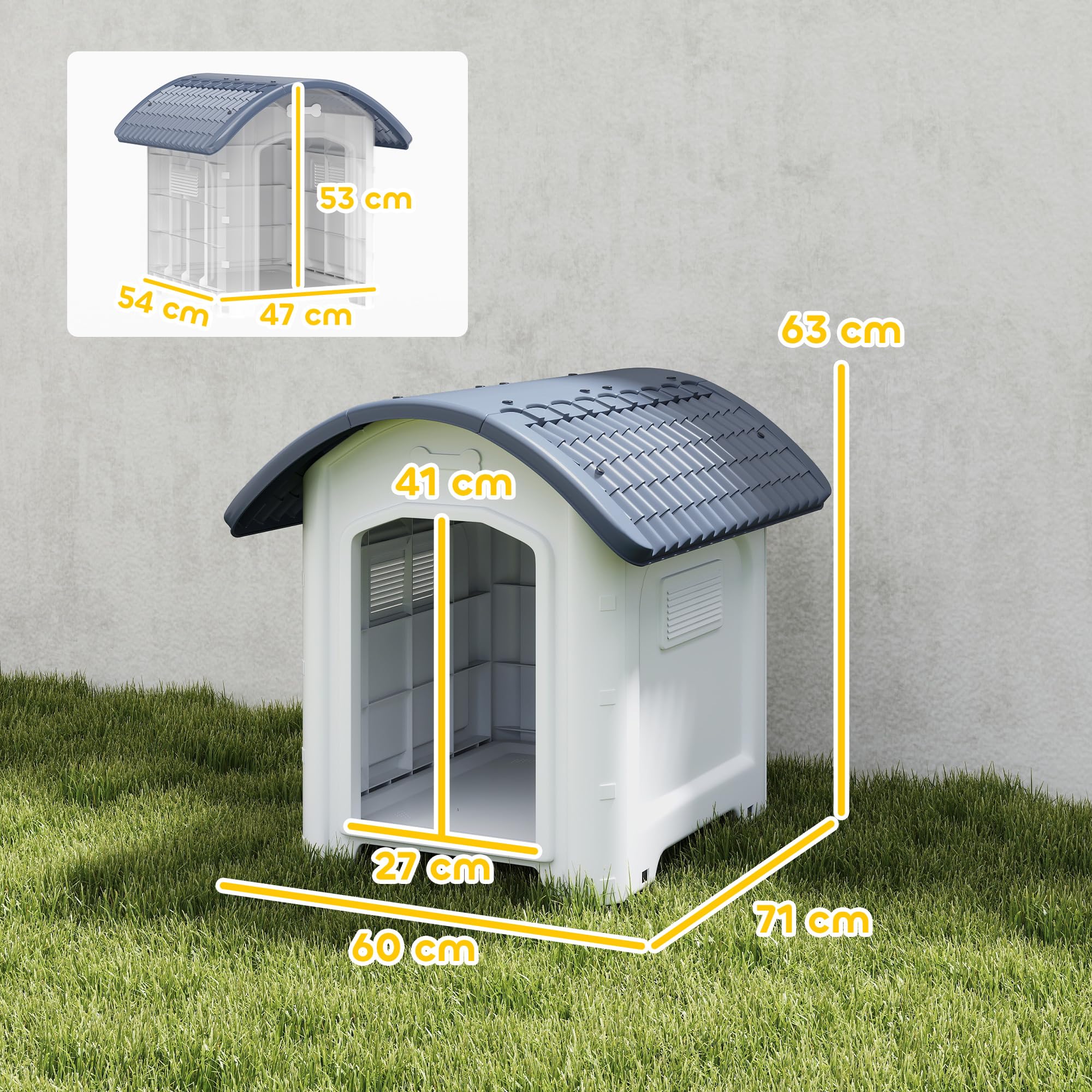 PawHut Niche pour Chien extérieur en polypropylène imperméable, ventilé, Maison Chien extérieur, Plancher surélevé et Amovible, bouches d'aération, pour Jardin, terrasse, intérieur, Gris