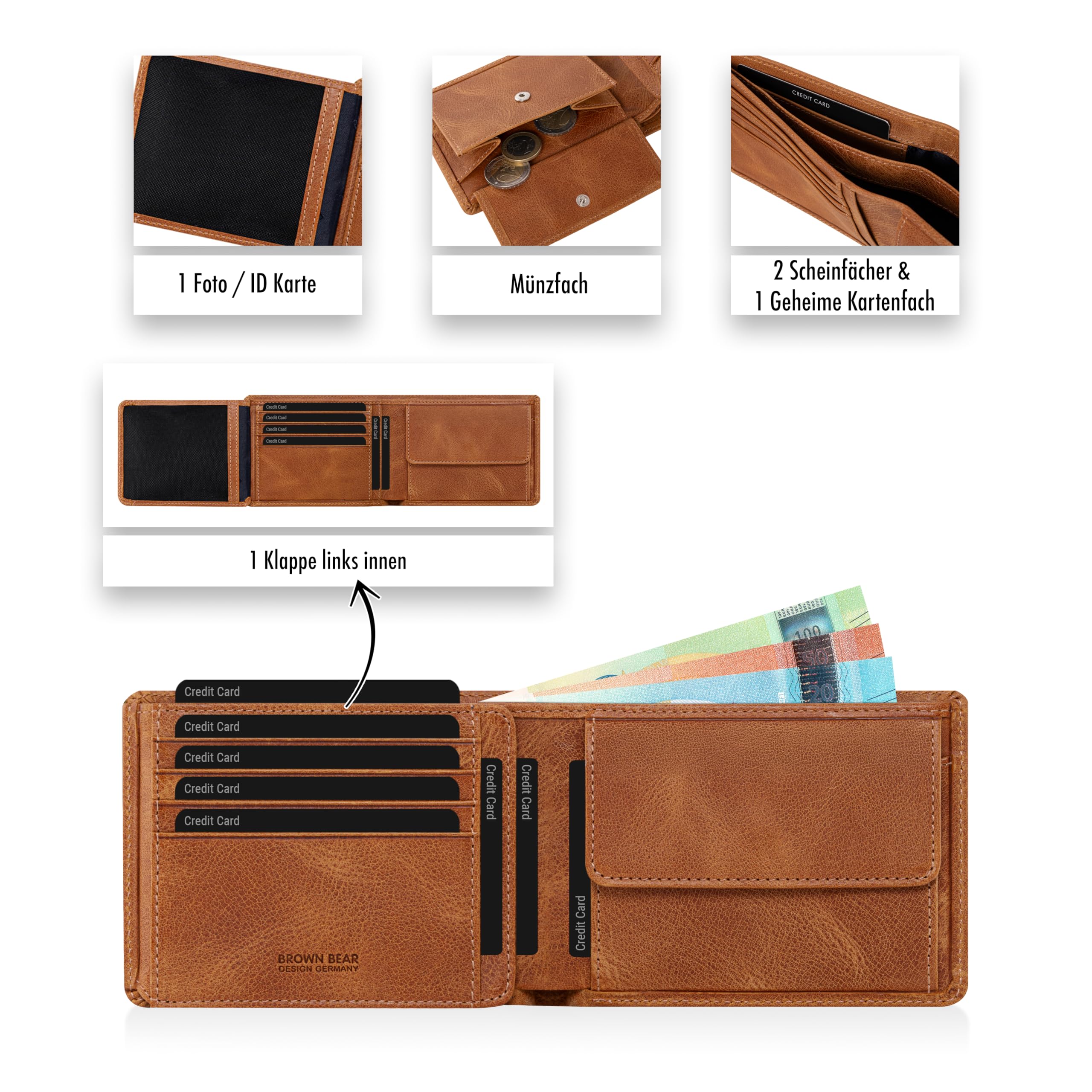 BROWN BEAR Geldbörse Herren Leder mit Münzfach & RFID-Schutz Braun Cognac | Echtleder Portemonnaie groß – Männer Geldbeutel Rindsleder - Business Design BB 8005-D