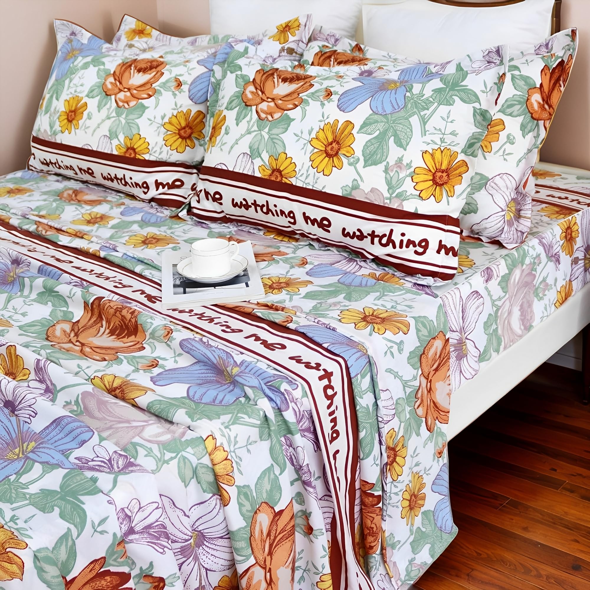 Usfivefam Colorful Floral 4Pcs Twin Size Bed Sheet Set Peony Sunflower Rose Pattern 100% Microfiber Sheets with 17.5" Deep Pocket Fitted Sheets Shabby Floral Bedding Collection. — image 1