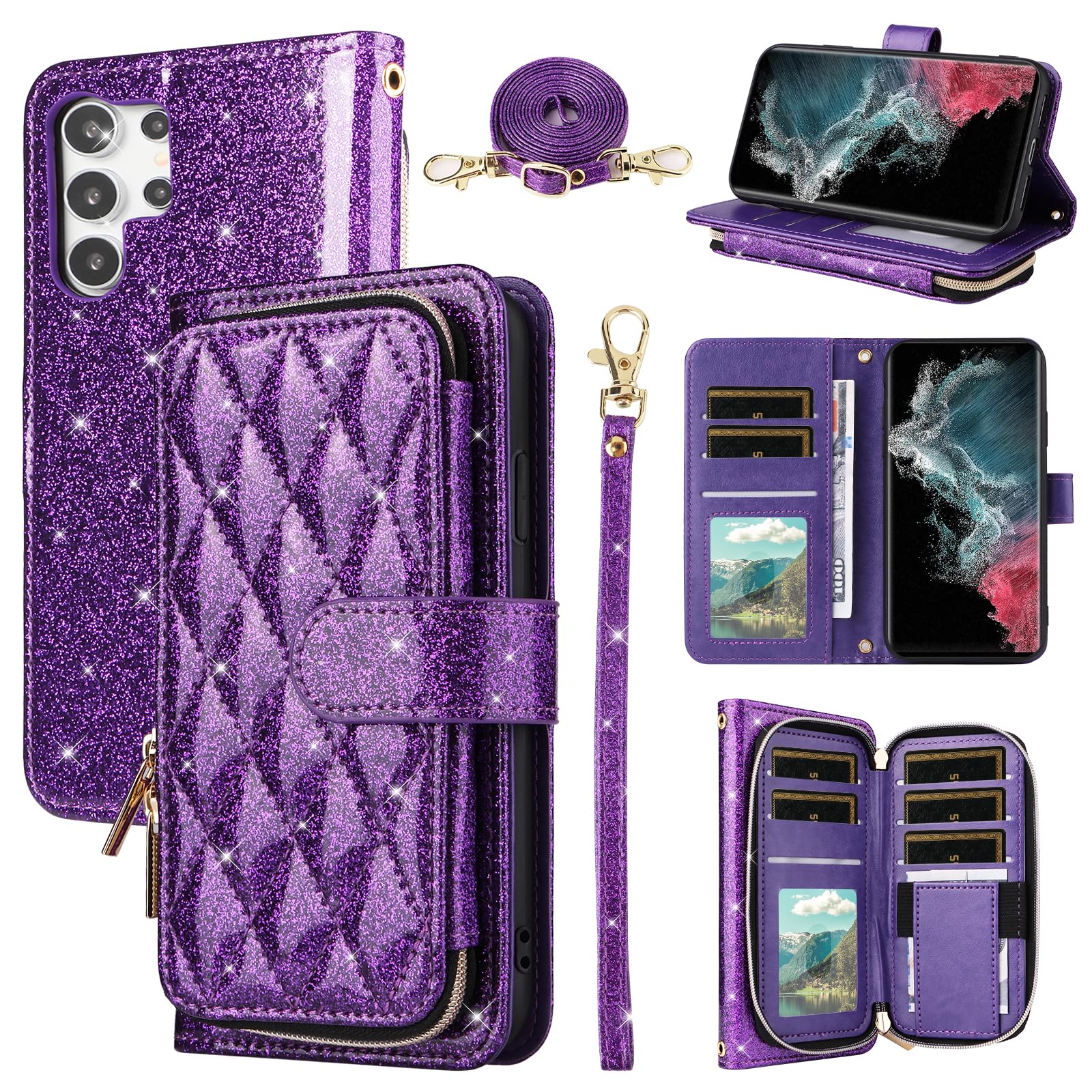 Funda tipo cartera para Samsung Galaxy S25 Ultra 5G con correa para la muñeca, correa para el hombro, tarjetero, cremallera, soporte, accesorios celulares, funda para teléfono móvil para