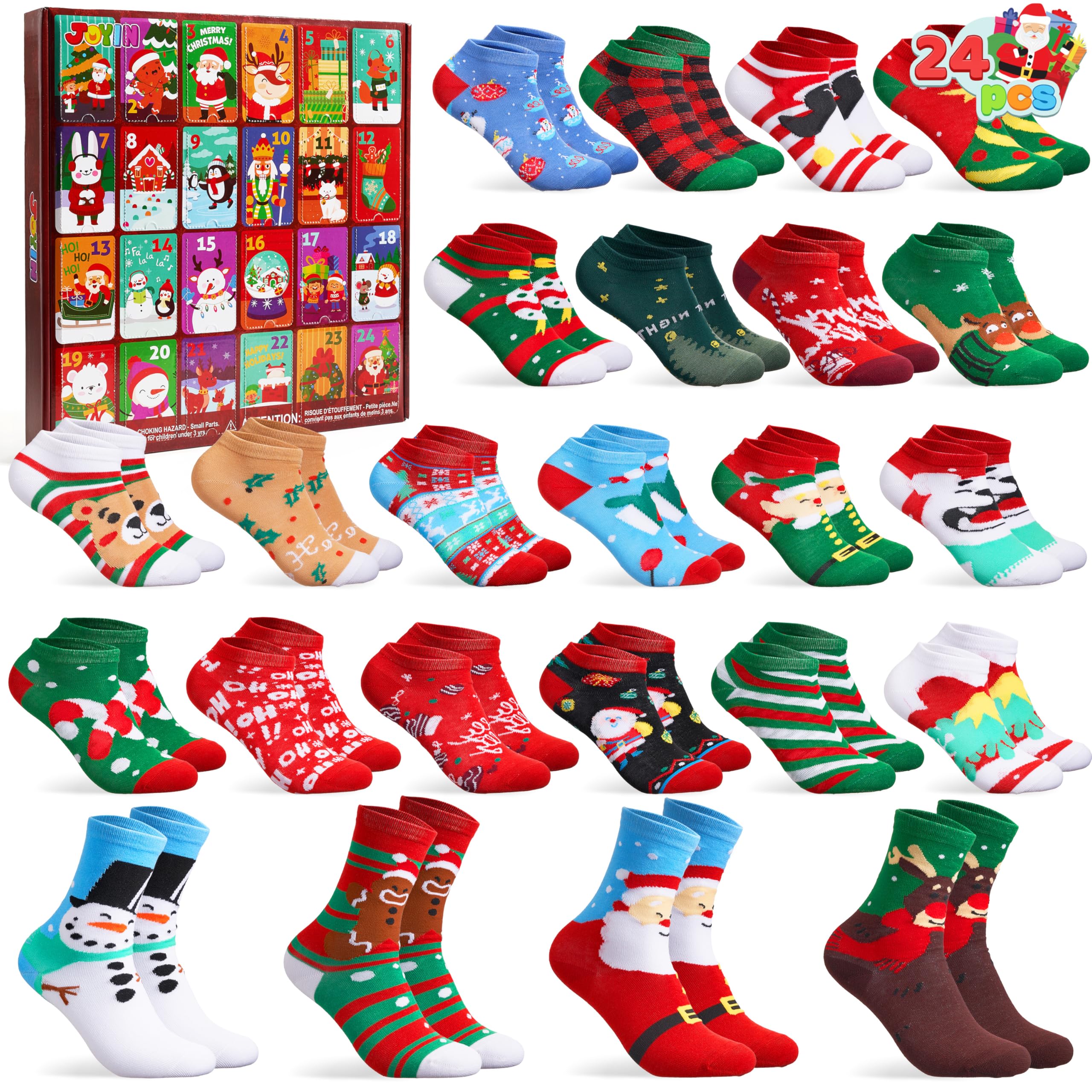 JOYIN 2025 Christmas Advent Calendar, 24 Days Christmas Warm Cotton Socks for Adults, Xmas Countdown Calendar with 20 Low Cut & 4 Knee High Socks,