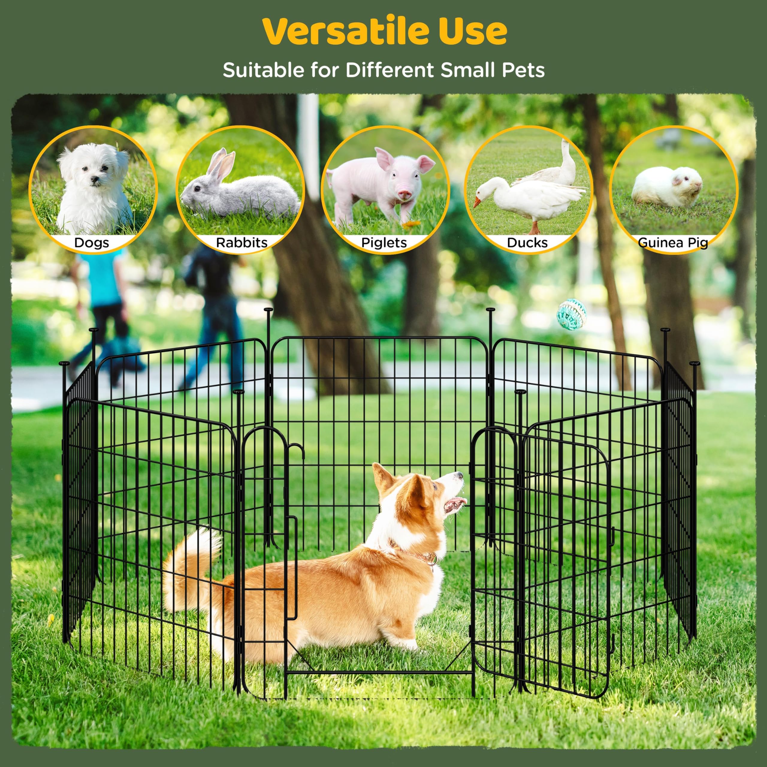 Yaheetech 16 Paneles Parque para Perros 60 x 60 cm con 2 Puertas Recinto Interior Reja Plegable para Cachorros y Conejos Perreras de Metal para Exterior con Estacas, Punta Ovalada y Plana
