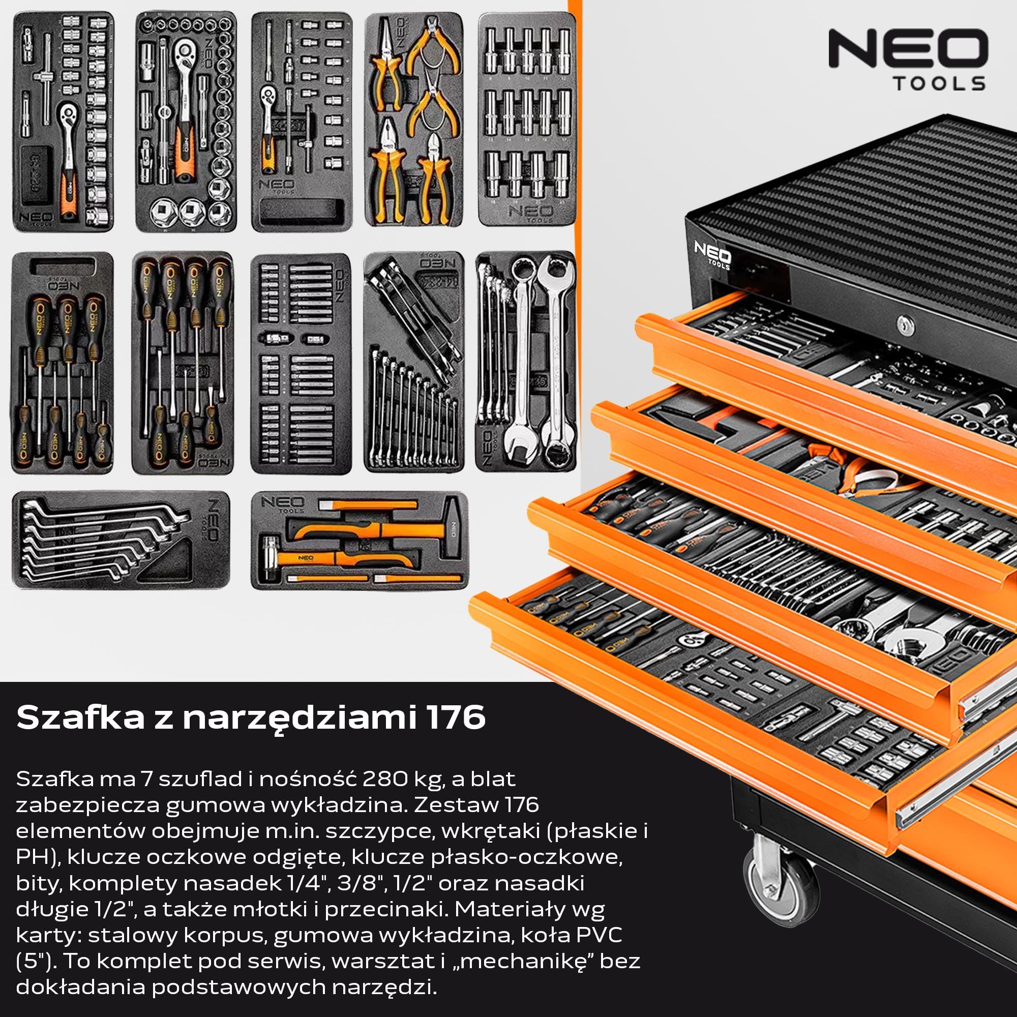 NEO TOOLS Wózek warsztatowy wypełniony narzędziami, 176-częściowy | 7 półek – szuflady z łożyskiem kulkowym – centralnie zamykany – mata antypoślizgowa – kółka obrotowe – hamulec postojowy – wózek