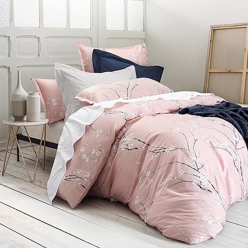 Miniatura 10 de Sakura Blossom - Juego de ropa de cama de 3 piezas con estampado de ramas florales de cerezo y almendra, estilo oriental japonés, 400 hilos, algodón