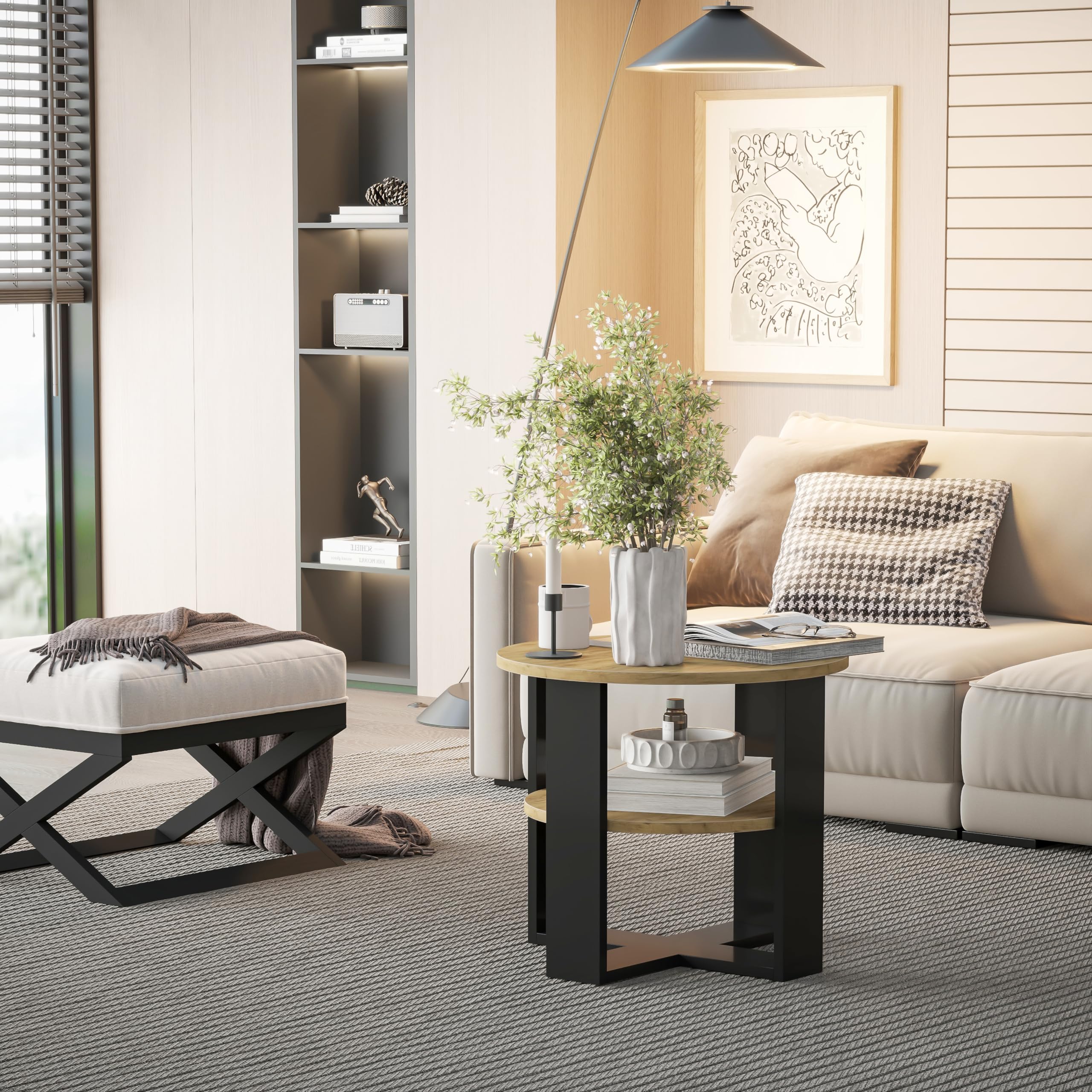 defiPad Table Basse Ronde Ø53 cm – Table d’appoint Bout de canapé avec étagère, 2 Niveaux, Meuble de Salon Moderne, Noir et chêne, Design Industriel, fabriquée en UE