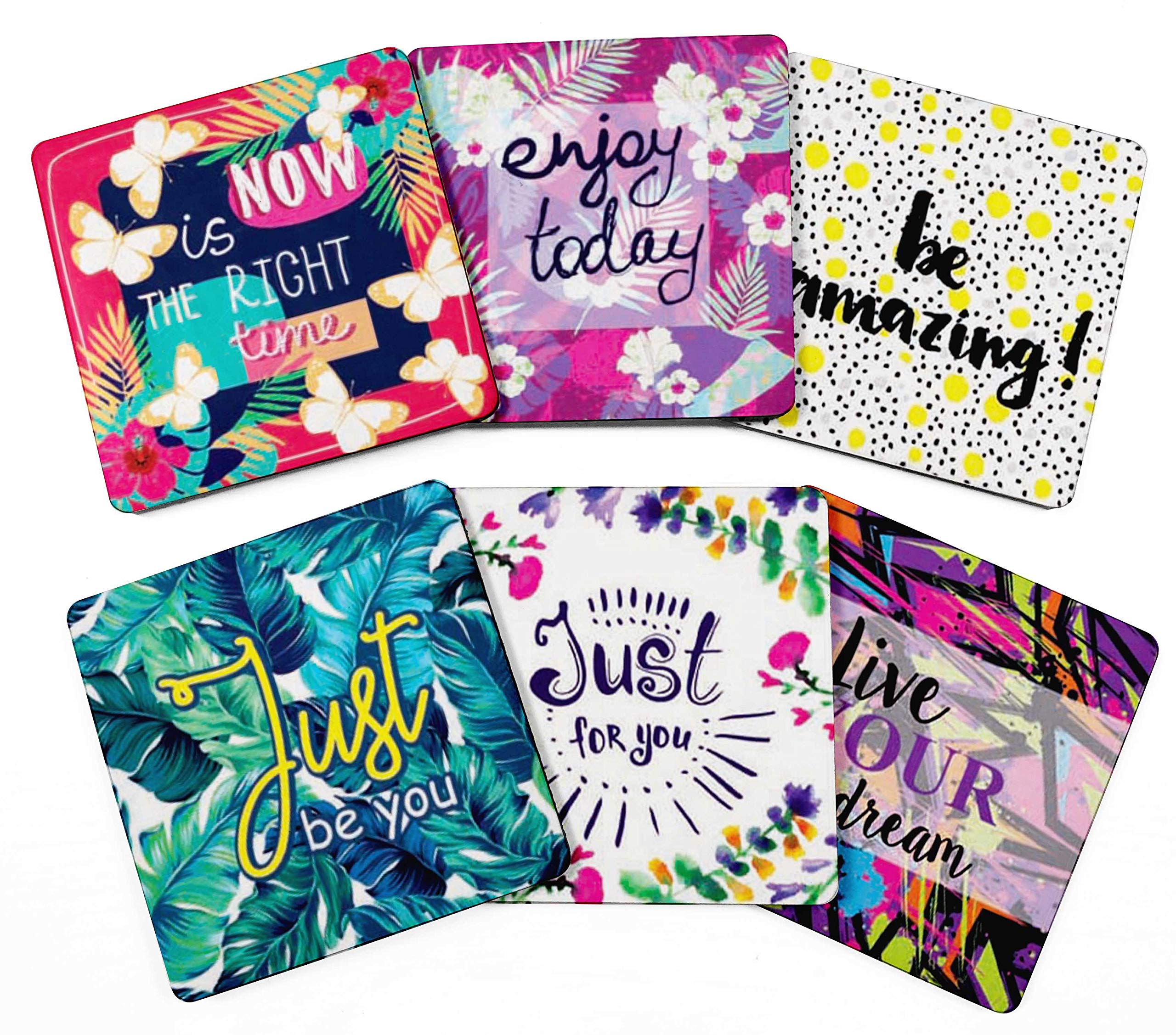 Inkdotpot Set of 6 Drink Coasters Easy Clean 4-inch Square Coasters Cork Base- Reusable- Quotes
