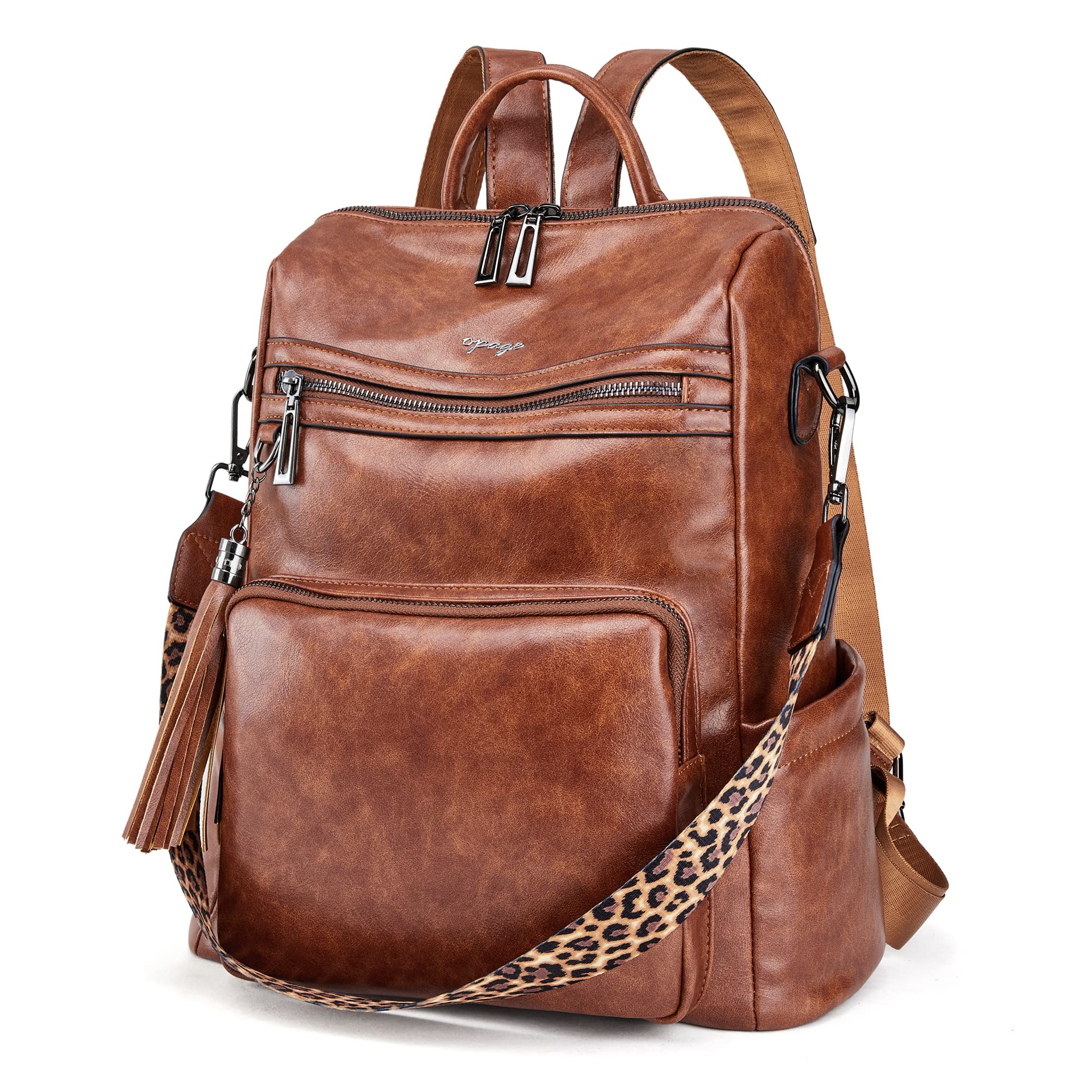 OPAGELeather Backpack Purse for Women Fashion Tassel Ladies Shoulder Bags Designer Large Backpack Travel Bag