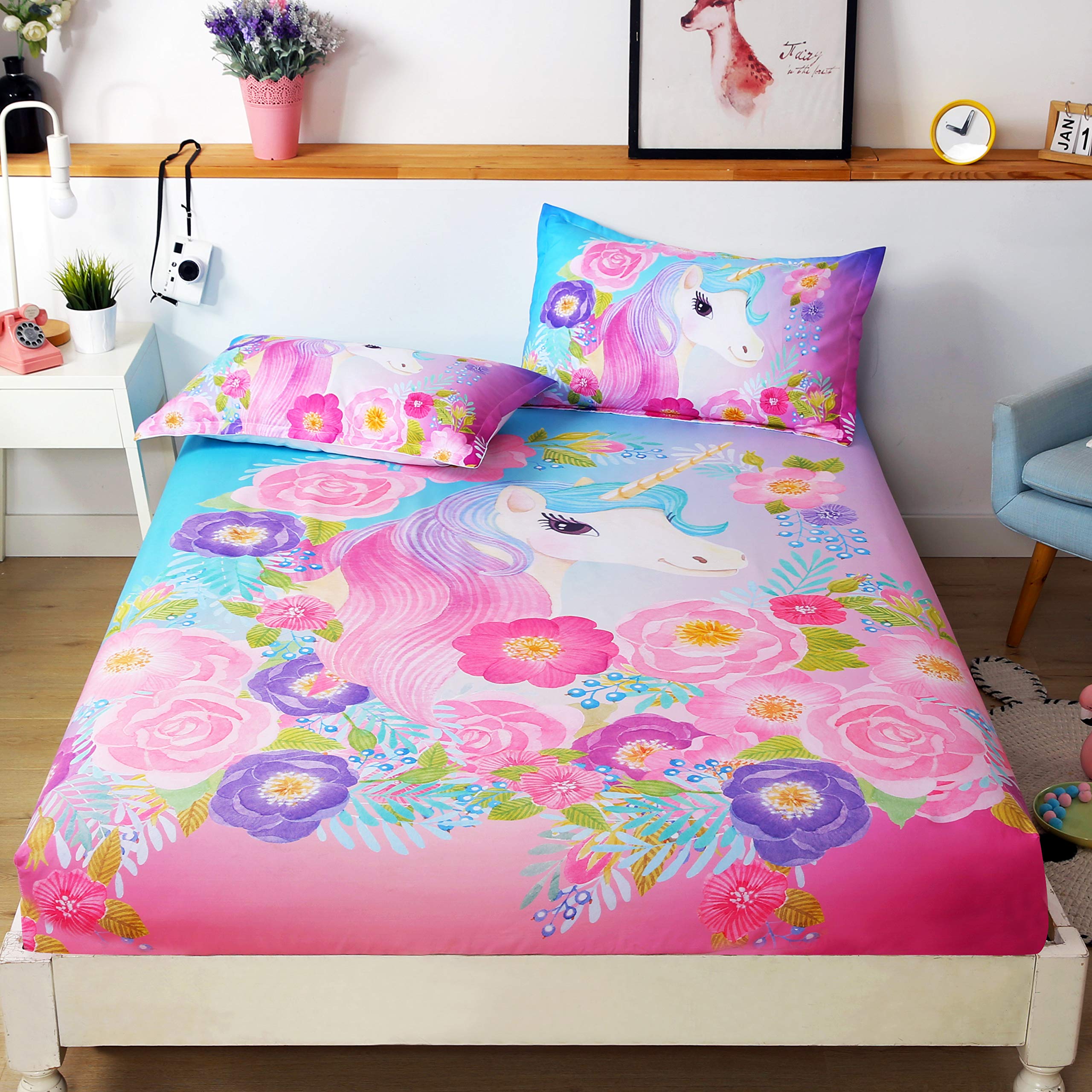 Suncloris,Cooper Girl Unicorn,Bedding Bed Sheets - 2 Piece Twin Sheets Set: Deep
