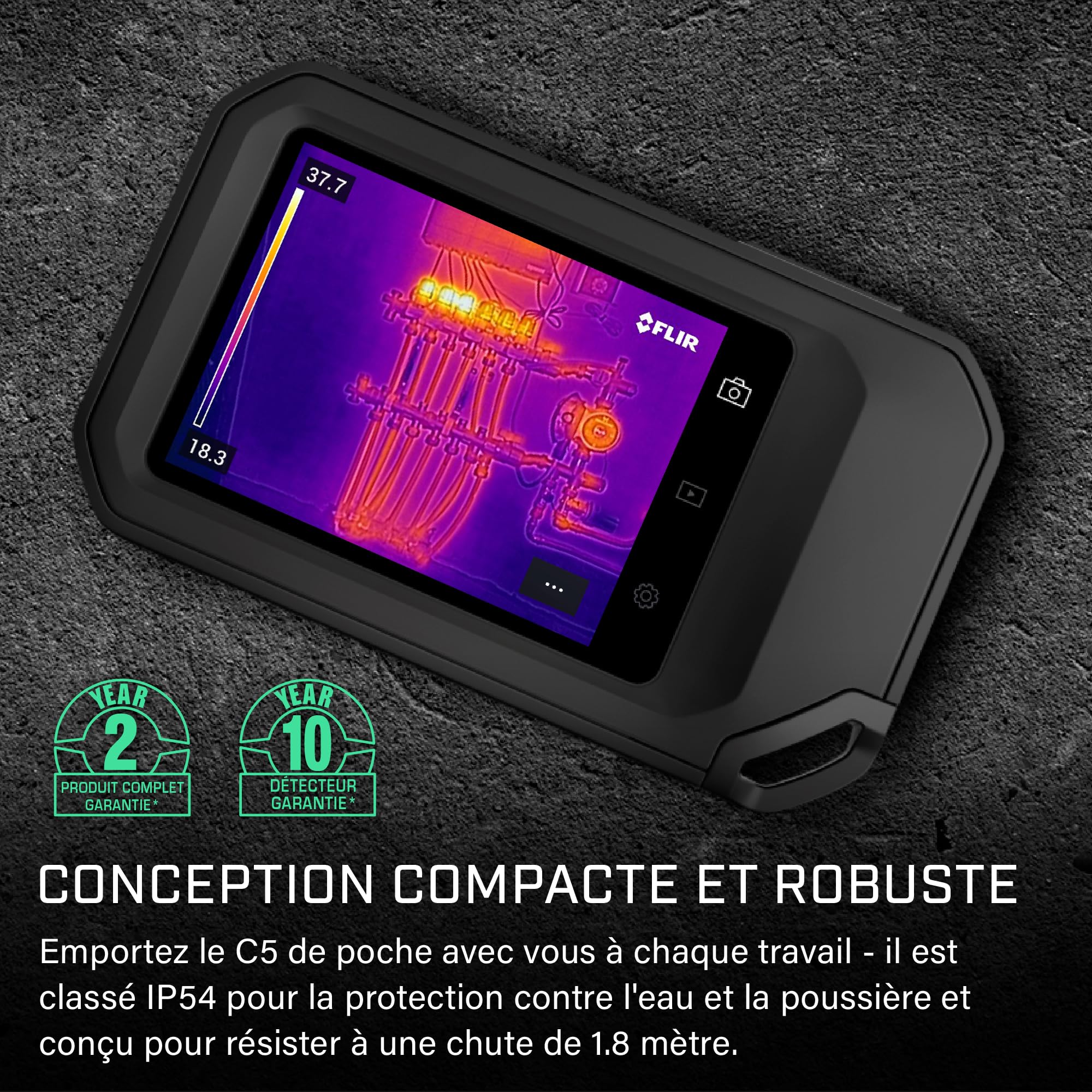 FLIR C5 Caméra Thermique Compacte Avec Wi-Fi: Imageur Infrarouge Haute Résolution Pour Applications D'Inspection, Électriques/Mécaniques, De Construction Et De CVC