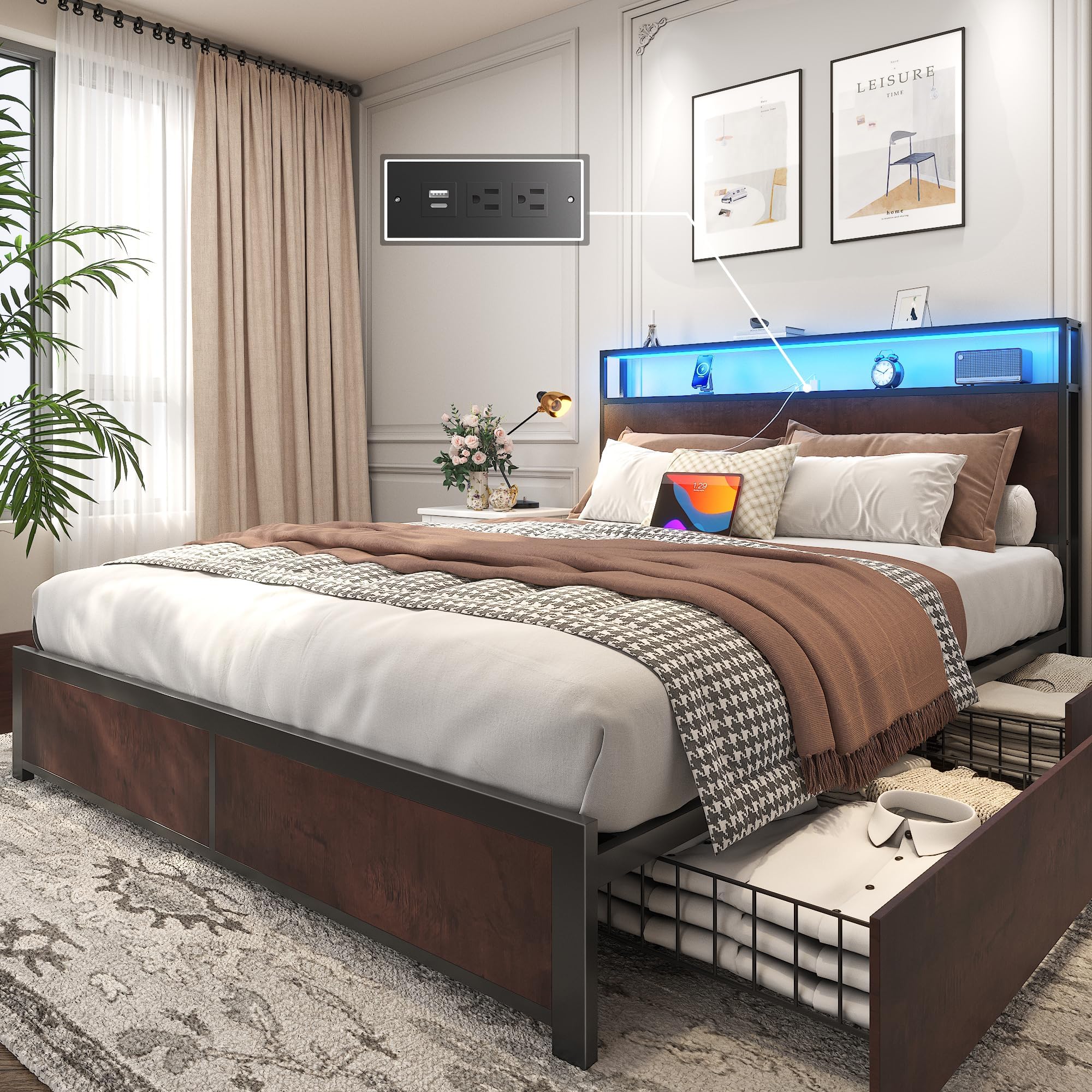 Queen Bed Frame with 2-Tier Storage Headboard, Metal Platform Bed Frame with 4 Storage Drawers, Built in Charging Station & LED, Noise-Free/Metal Support/No Box Spring Needed, Coffee Brown