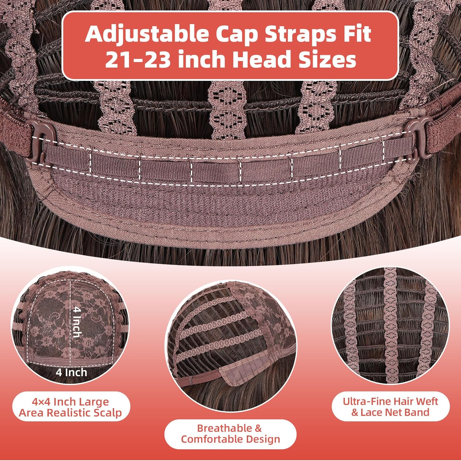 Allbell Ombre Auburn Wigs for Women, 4x4 Realistic Scalp, Free Parting, 22 Inch Long Curly Synthetic Hair Wig with Curtain Bangs for Daily Use