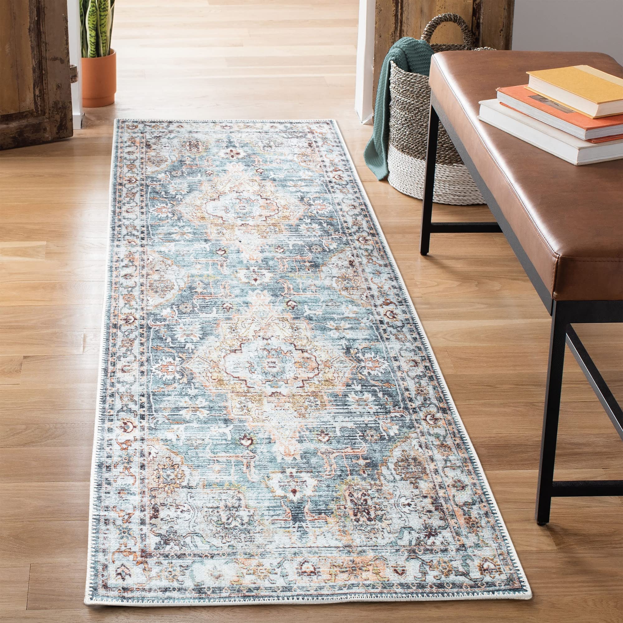 Amazon.com: Bloom Rugs Washable Non-Slip 7 ft Runner - Teal/Peach