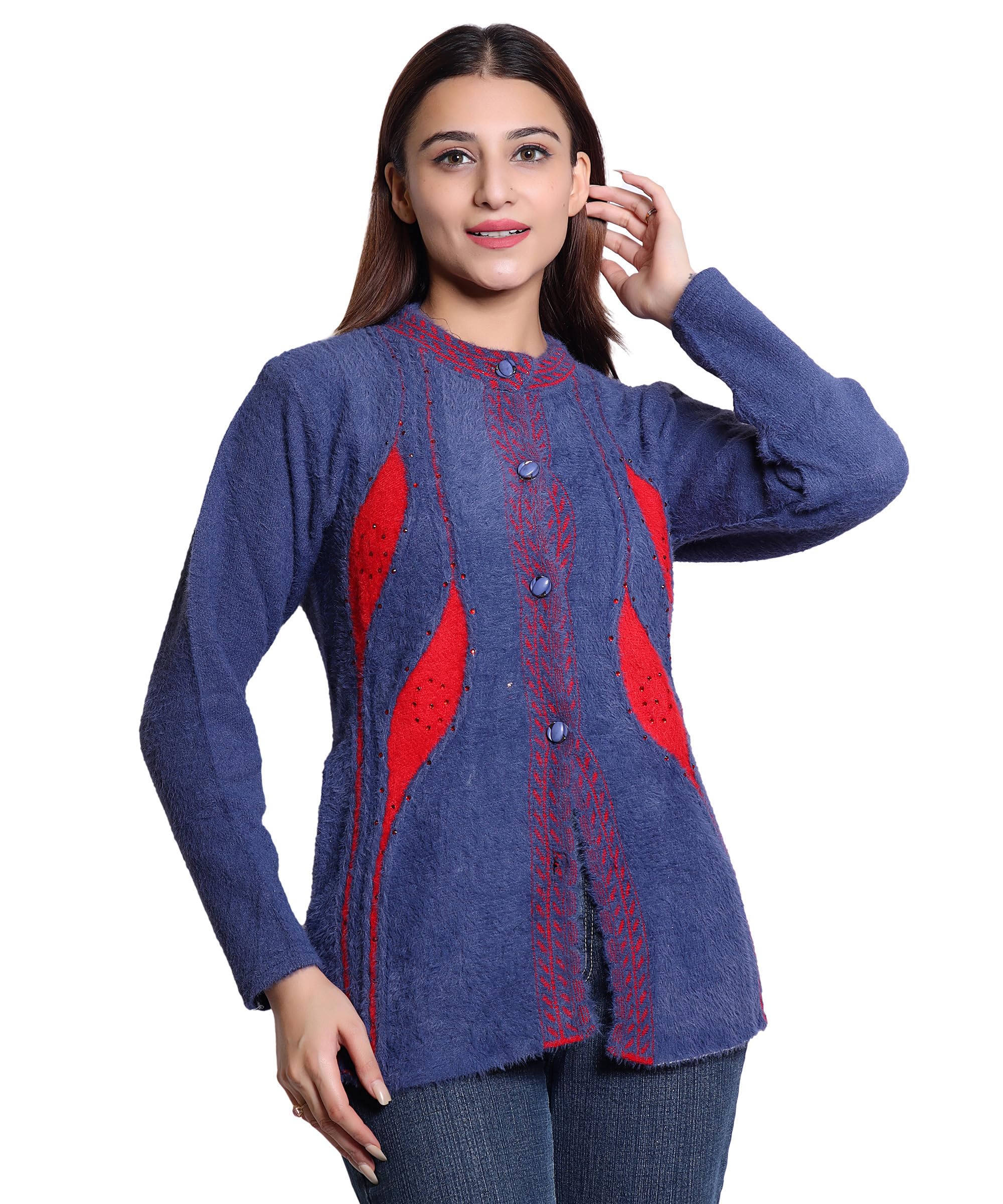 Women's Wool Sweater, Geometric Pattern, Collar, Batwing Sleeves, Winter Wear, Hip Length with Tassels and Fringed Edges (Pack of 1)-image-27