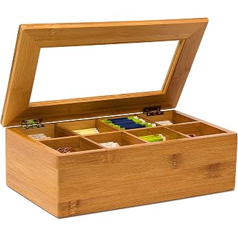 Relaxdays Bamboo Box with 8 Compartments Bag Caddy Wooden with Closable Lid + Window Chest Aroma-Proof Storage for Fresh Tea,