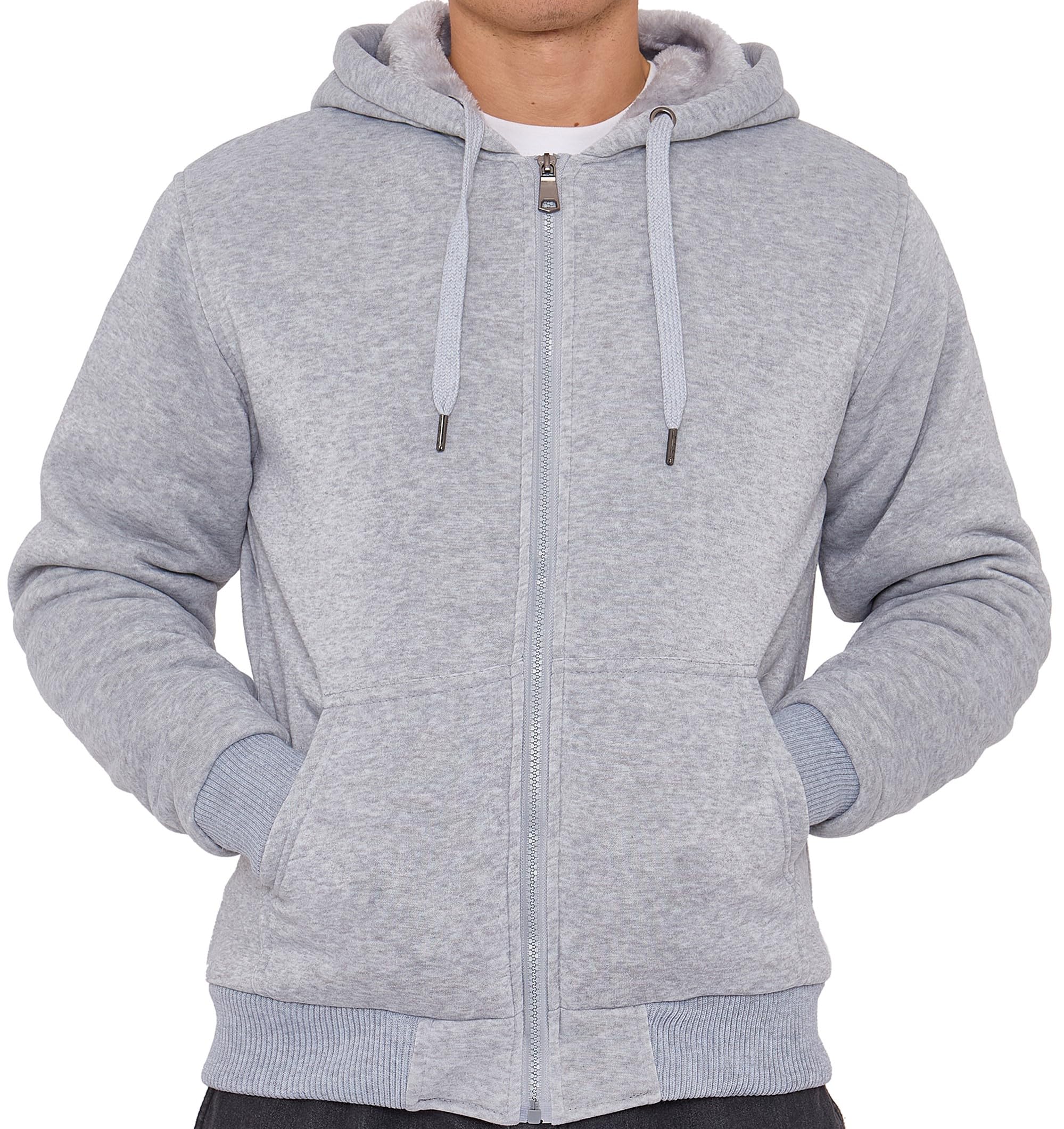 LABEL APPAREL Men’s Fur-Lined Zip Hoodie Plain Full-Zip Winter Jacket with Plush Faux-Fur Hood, Warm Cotton-Blend Fabric & Ribbed Cuffs Soft Casual Sweatshirt for Cold Weather(Grey
