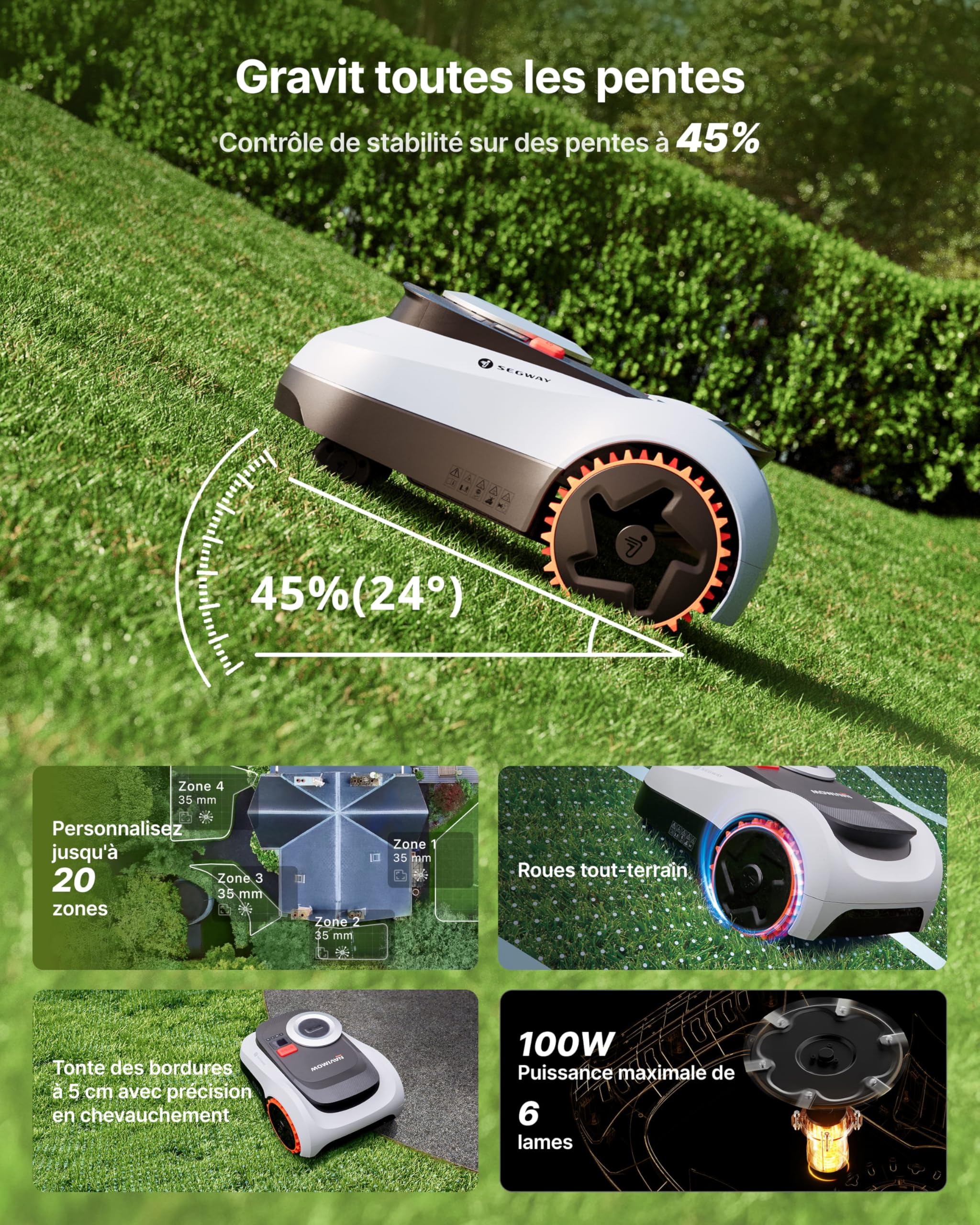 Segway Navimow i215 Robot tondeuse LiDAR 1500m² Garage M pentes 45% cartographie automatique sans fil 4G