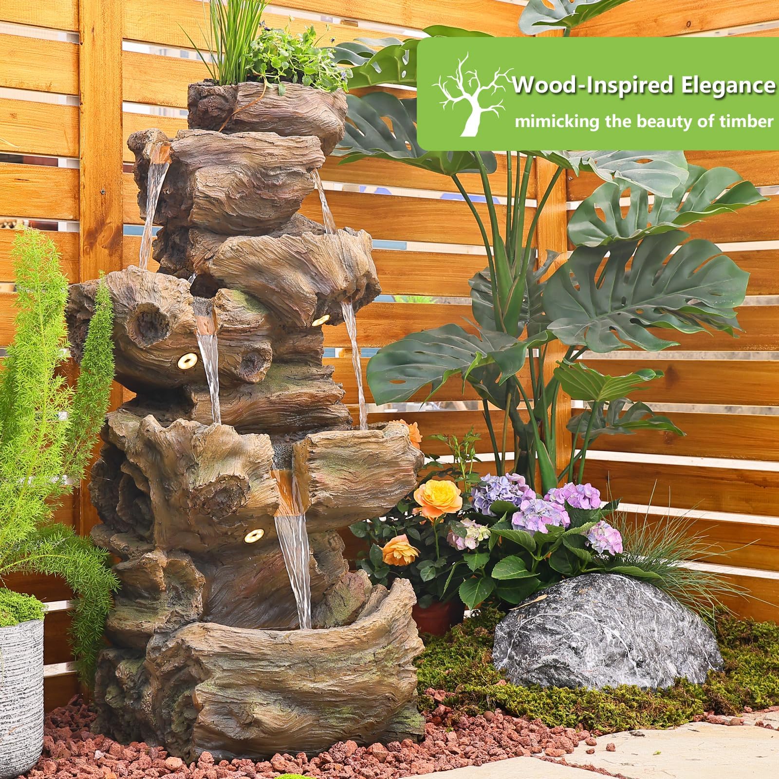 Sunlinua 103 cm H 4-stufiger Gartenbrunnen im Felsen-Look mit LED, Wasserfall und Springbrunnen für Garten, Terrasse, Balkon oder Hof, aus Harz