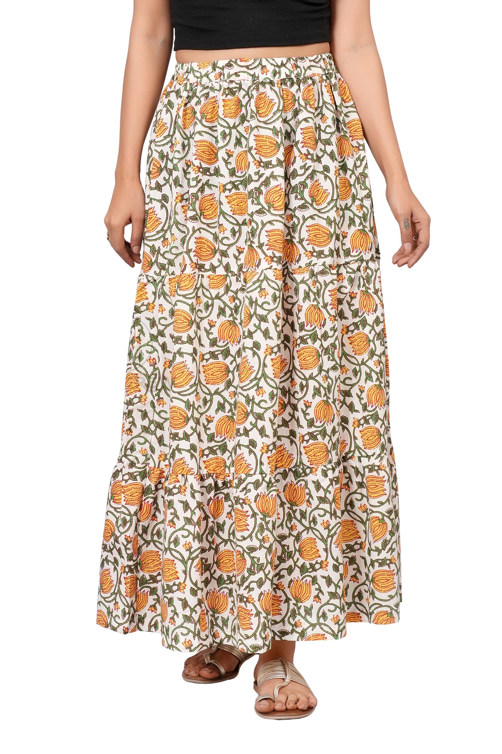 Women White Cotton Maxi Skirt with Mustard Floral Print Flowy Elastic Waist-picture-42