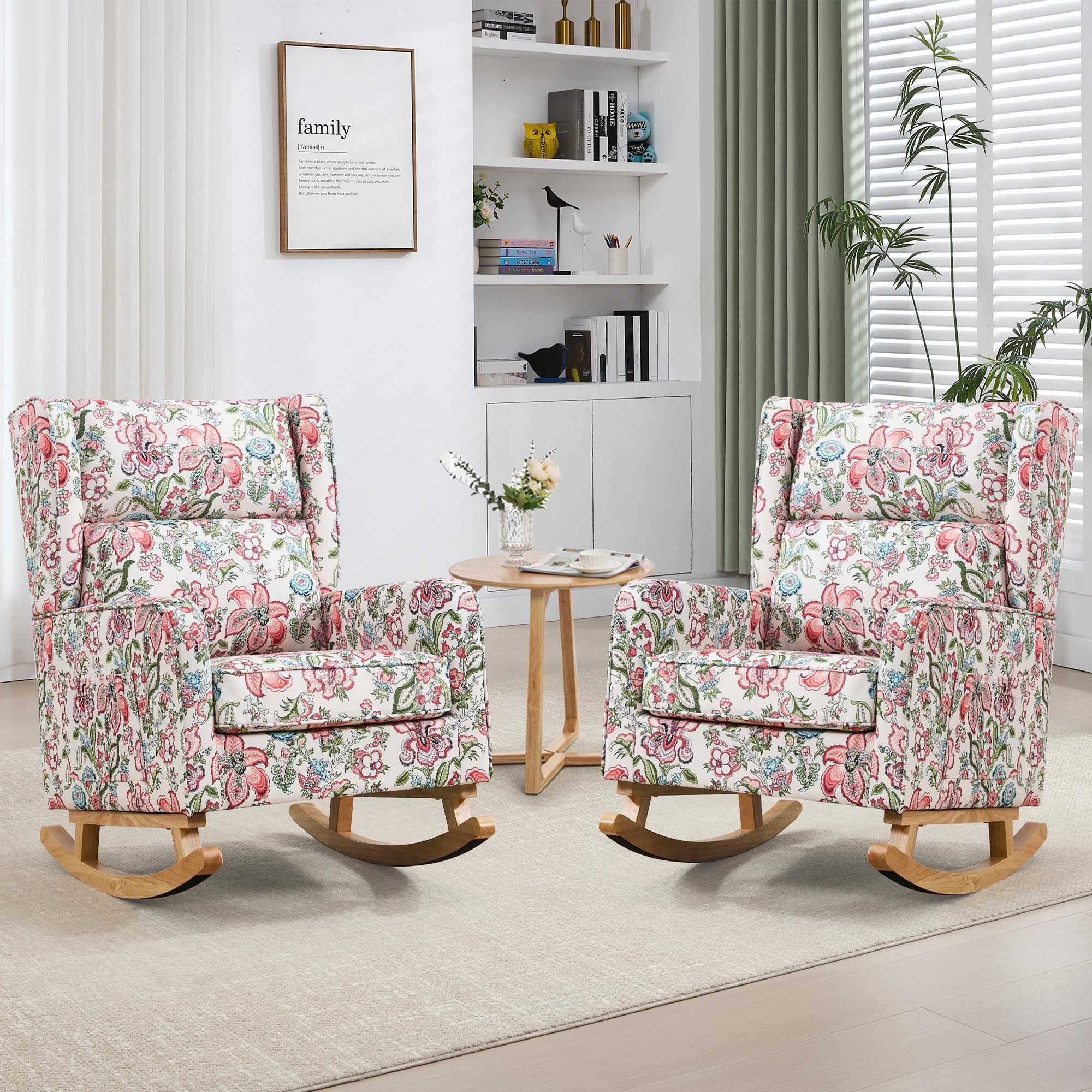 HCHAIRH Nursery Rocking Chairs, Rocking Chair Nursery for Mom Nursery Rocker with High Backrest and Solid Wood Legs, Modern Wingback Accent Chair Set of 2 for Reading Living Room Bedroom, Pink Floral