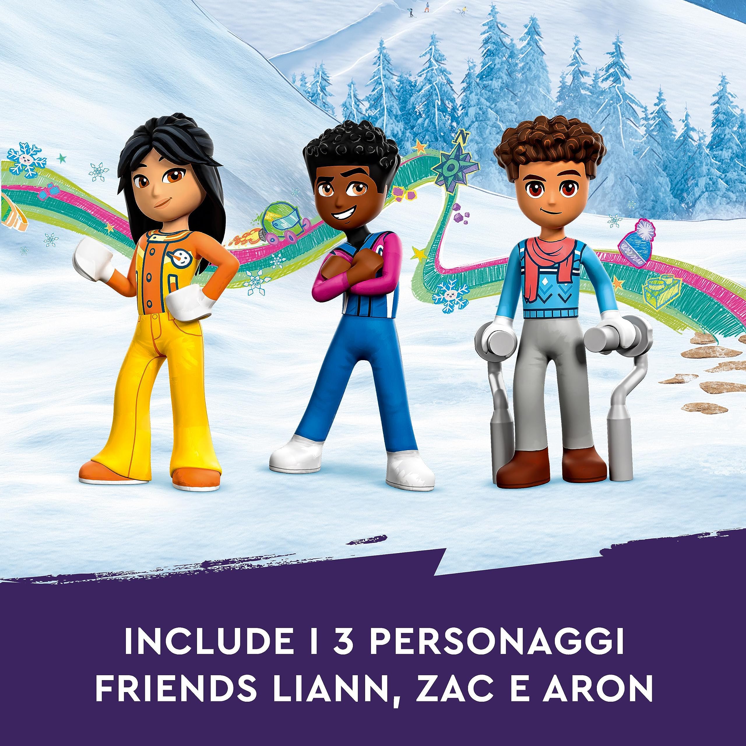 LEGO Friends Pista da Sci e Baita, Set Sport Invernali, Giochi per Bambine, Bambini, Ragazzi e Ragazze con Mini Bamboline di Liann, Aron e Zac e Figura Di Animale Fox, Regalo Creativo per Natale 41756