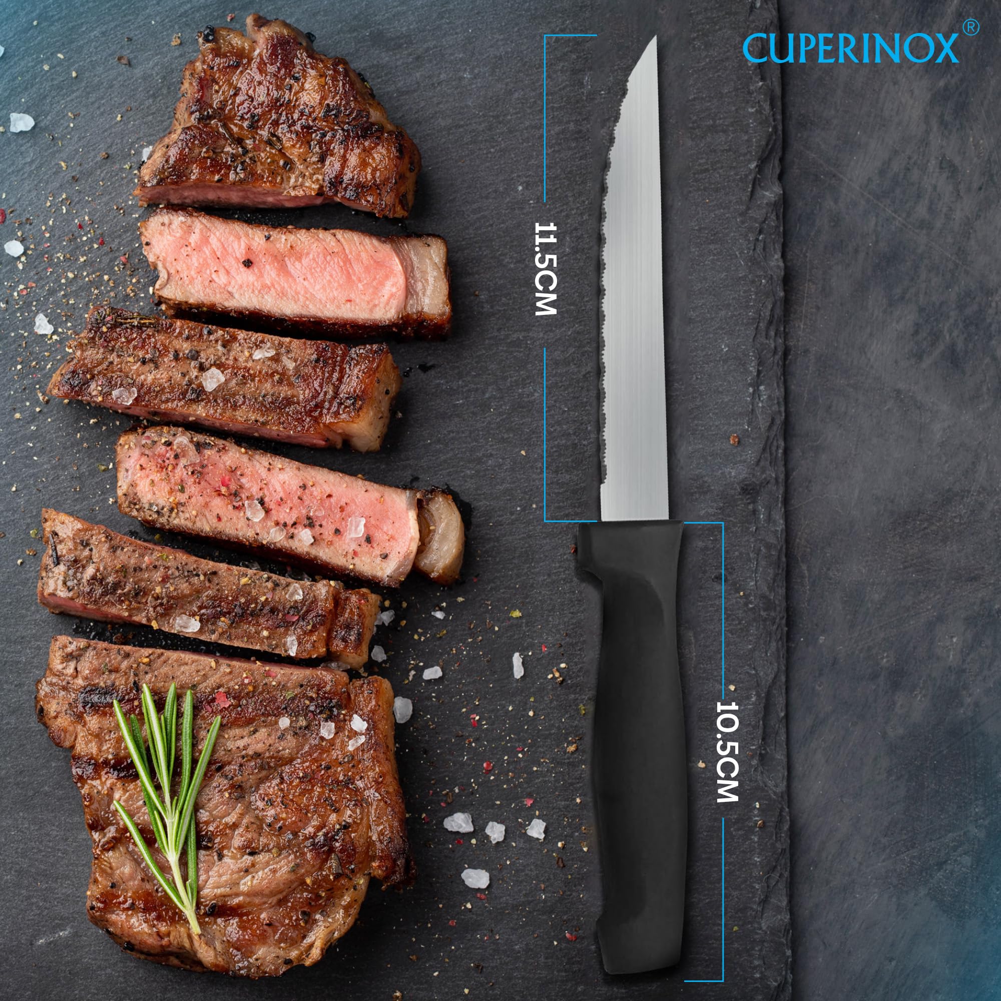 Cuchillos de Mesa Acero Inoxidable – Set Profesional 12 Piezas con Hoja Serrada de 11 cm y Mango Ergonómico Antideslizante – Para Carne, Verduras y Pescado