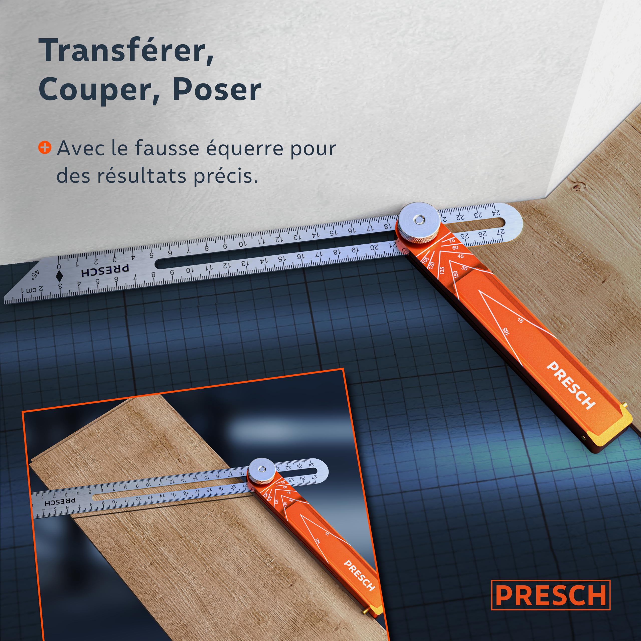 Presch Fausse Équerre incl. règle supplémentaire - 190mm & 270mm - Transfert d'angle précis - Règle avec fonction de trusquin fraisée en aluminium usiné avec précision & en acier inoxydable