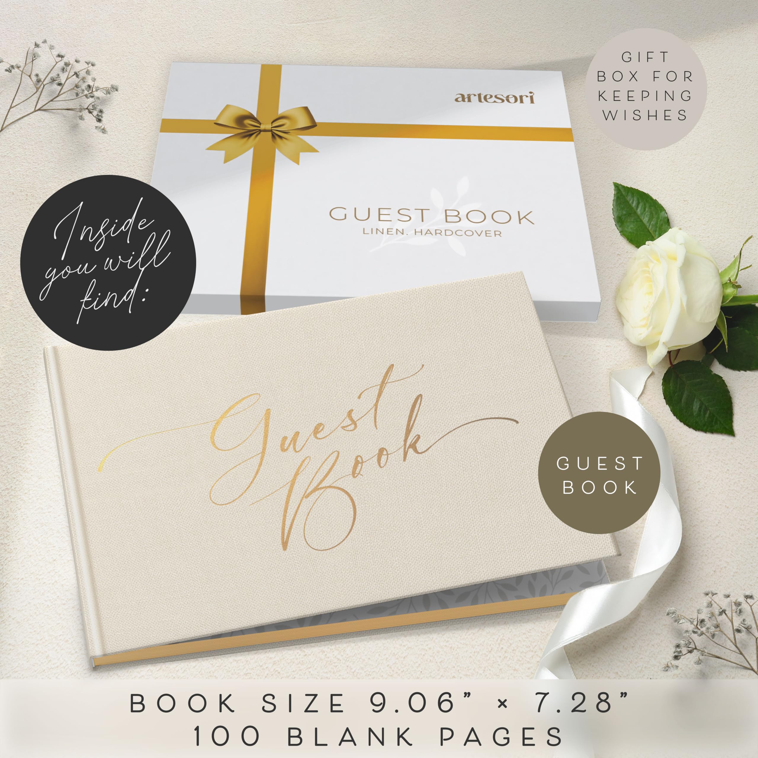ARTESORI Gästebuch zur Hochzeit für den Empfang – Goldfolien-Gästebuch zum Einloggen, elegantes Gästebuch zur Babyparty für Party & Geburtstag – Foto & Polaroid Gästebuch für Hochzeit & Brautparty