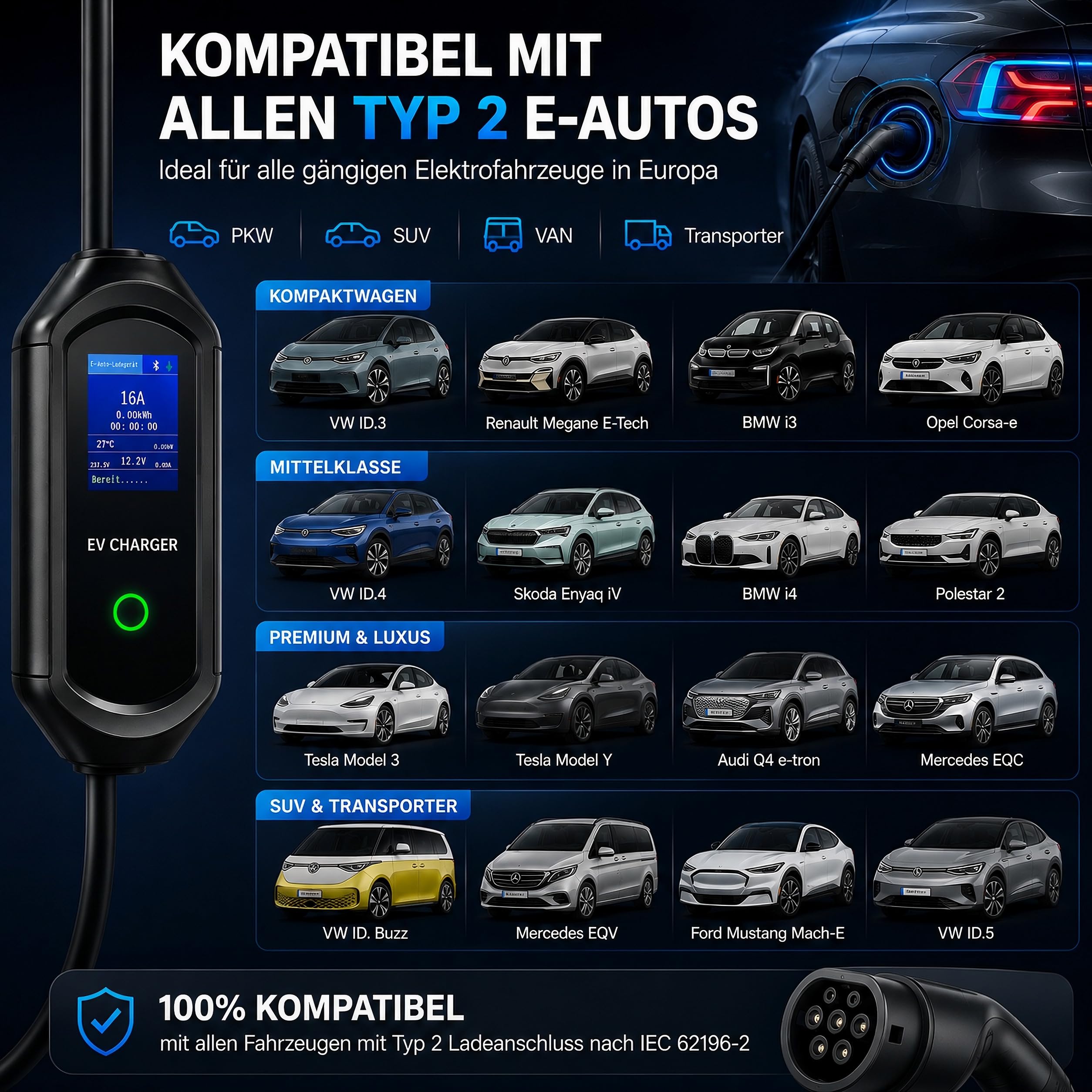 Mobile Wallbox 11kW mit App-Steuerung, Mobile Ladestation [7m | 3-phasig | 6–16A] mit Einstellbarer Ladeleistung, IP65 Wasserdicht, Ladekabel CEE 16A auf Typ 2 für BEV & PHEV