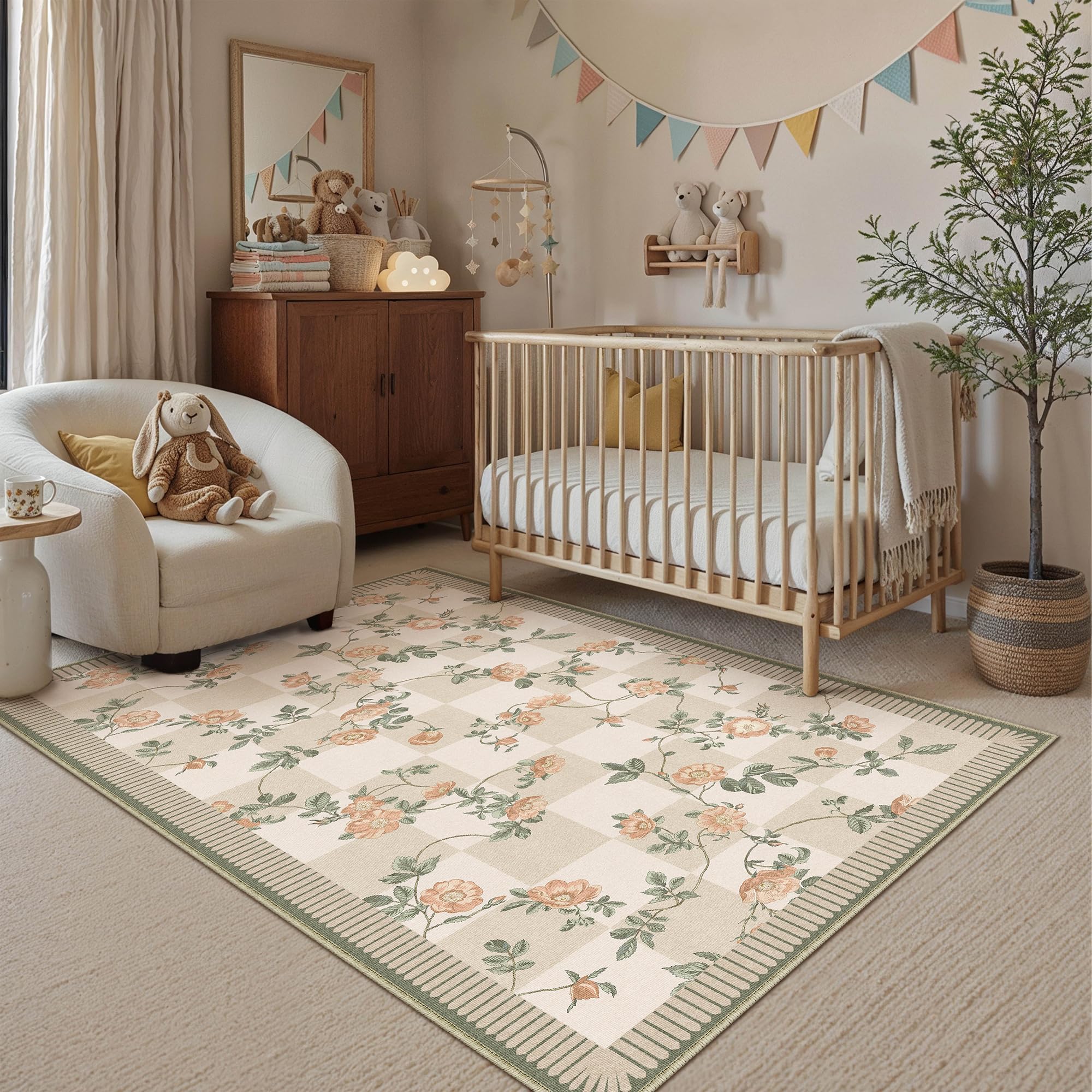 PureCozy Waschbarer Teppich Blumenmuster 80x150cm Blumen Kariert Neutral Modern Rugs for Living Room Weich rutschfest Tepich Kurzflor Schlafzimmer Carpet Esszimmer Bedroom Teppiche Büro, Beige&Grün