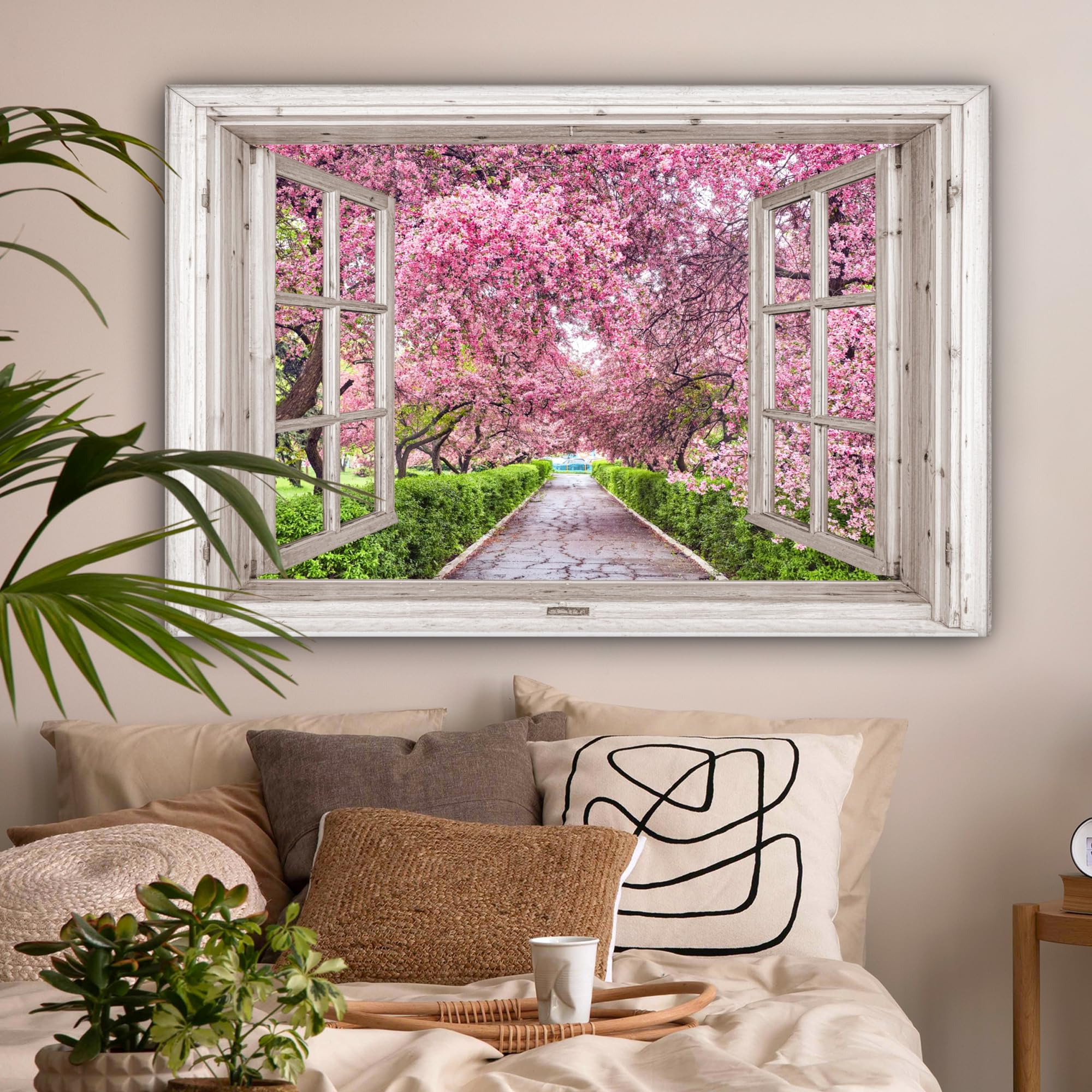 MuchoWow© Leinwandbild Groß 120x80 cm XXL Dekoration Wohnzimmer Bilder Aufhängen Wall Decoration Living Room Wohnungs Deko Moderne Japanisch - Sakura - Blüte - Baum - Blütenzweige - Fensterblick