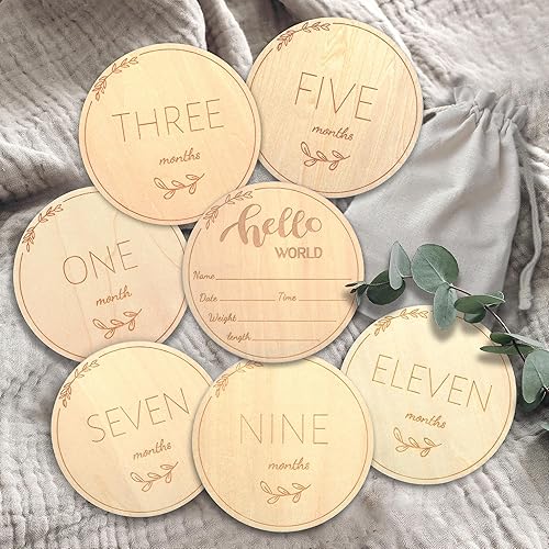 Miniatura 1 de Tarjetas mensuales de hitos para bebé, letrero de anuncio de bebé, discos de hitos de madera para bebé con letrero de Hello World para recién