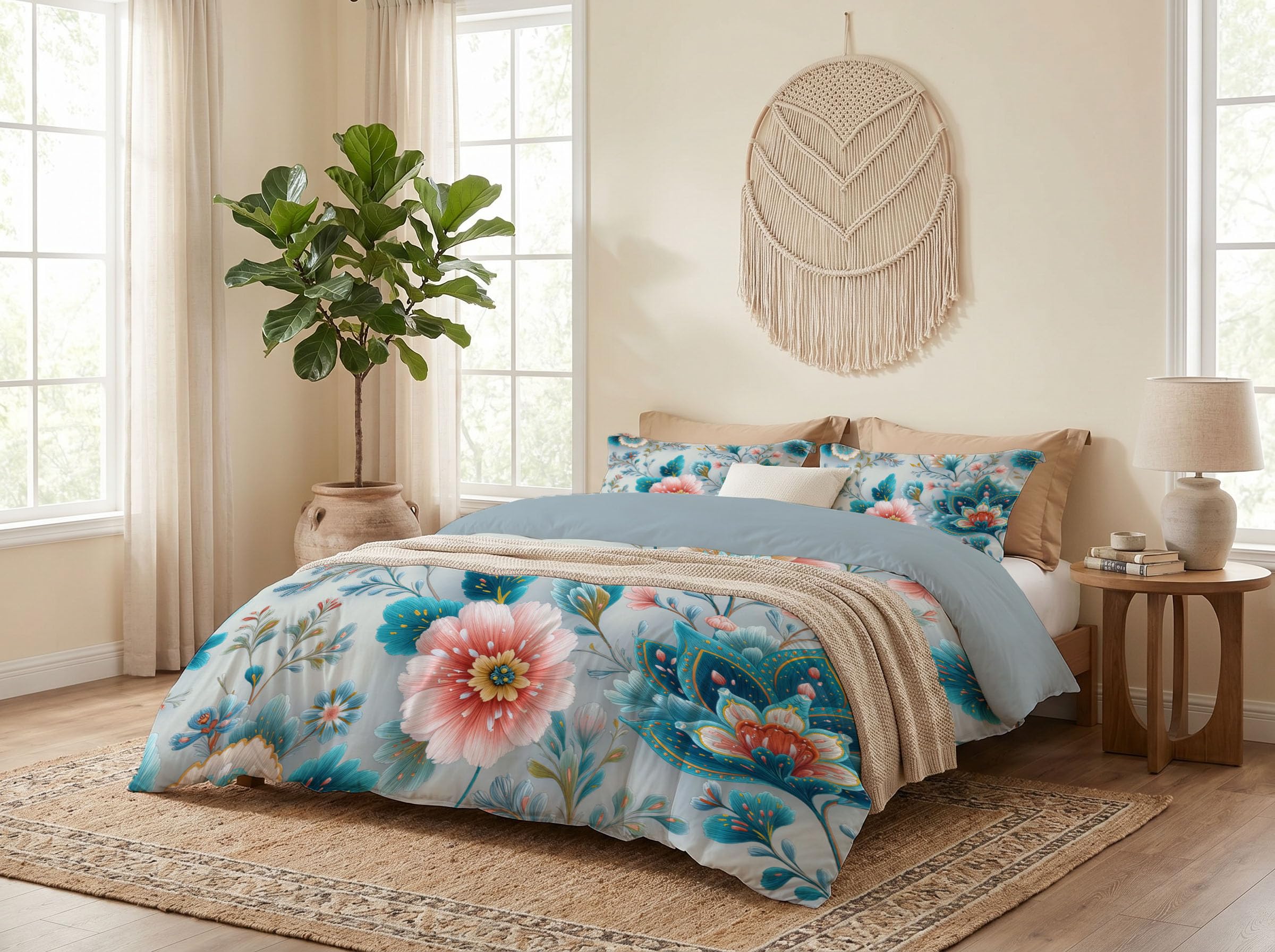 Housse de couette 220x240 bleu-vert réversible avec taies d'oreiller 65x65