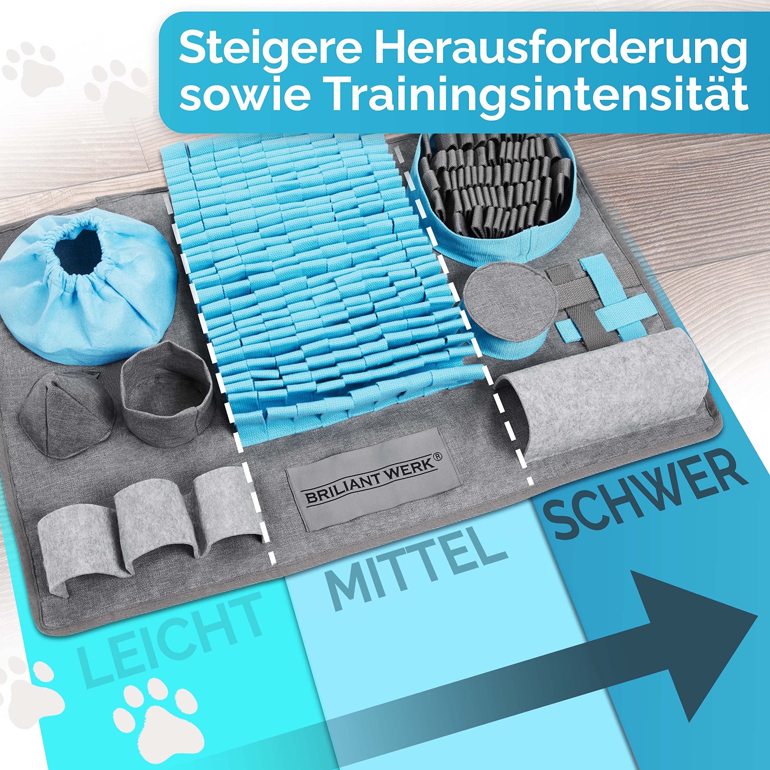 Briliantwerk® Alfombra para olfatear Perro – Material Extremadamente Resistente – 10 Elementos de Entrenamiento y 3 Niveles de dificultad – El Juguete de Inteligencia para Perros de Todos los tamaños