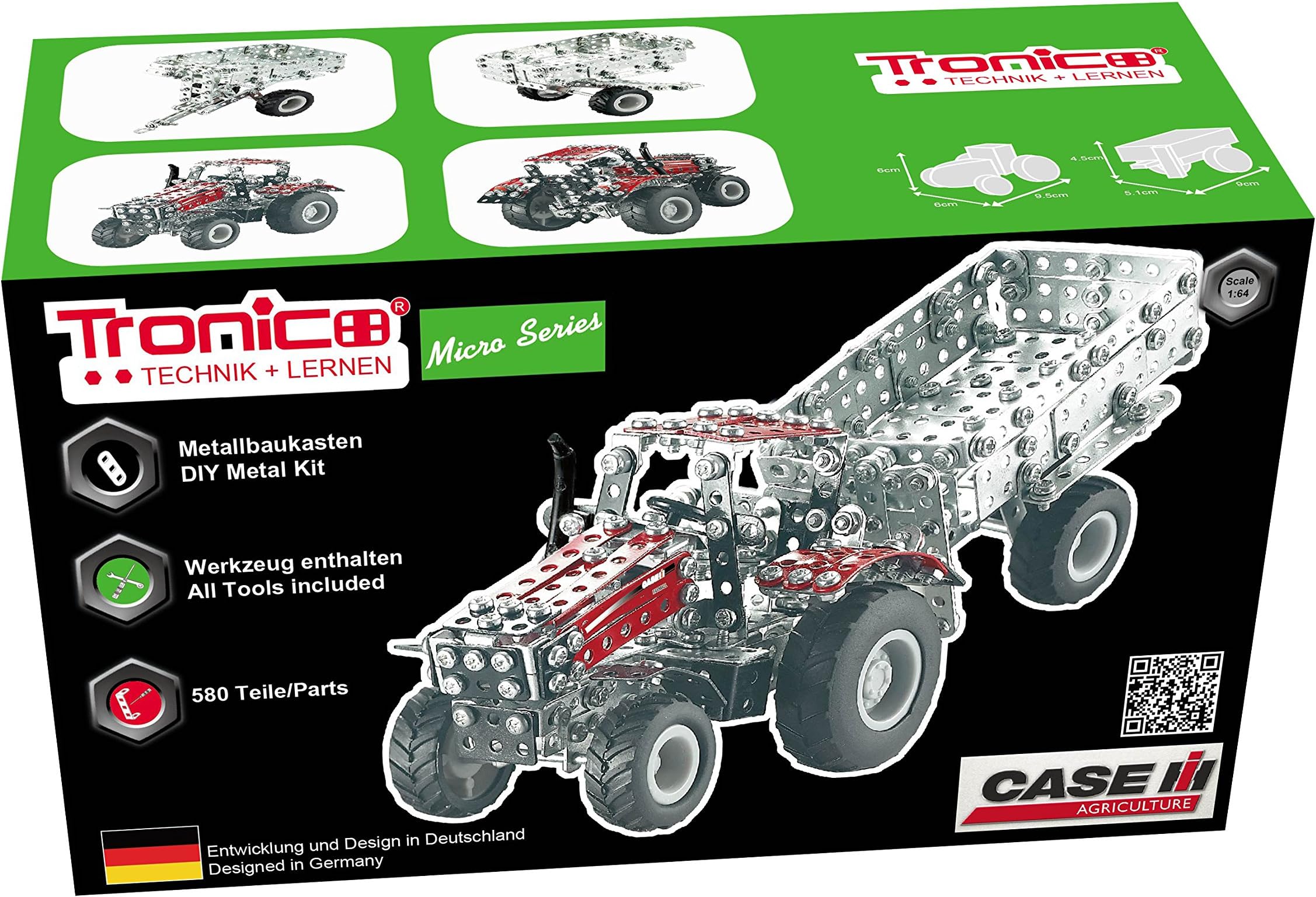Metal Construction Model Kit, CASE IH MAGNUM 340, Tractor with trailer, 580 parts, Tronico© Germany, including tools, metal mechanical construction, kids metal kits, metal mechanics kits