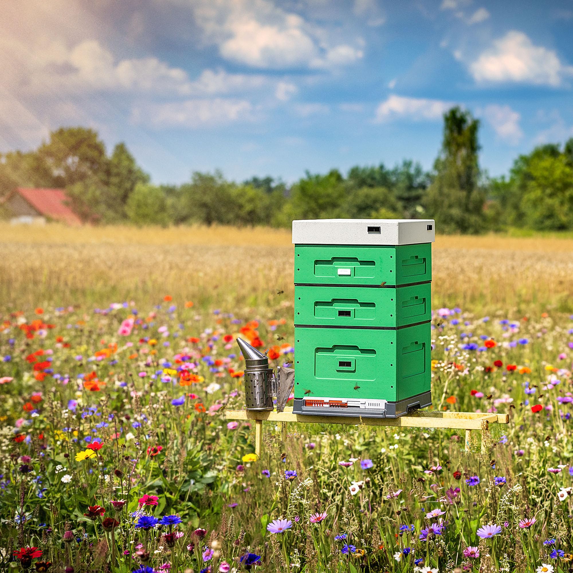 KADAX Dadant Beute 53 x 47 x 83 cm, Styroporbeute mit Hygieneboden, Magazinbeute aus Styropor, Bienenbeute, Komplettbeute für Dadant-Rähmchen (Grün)