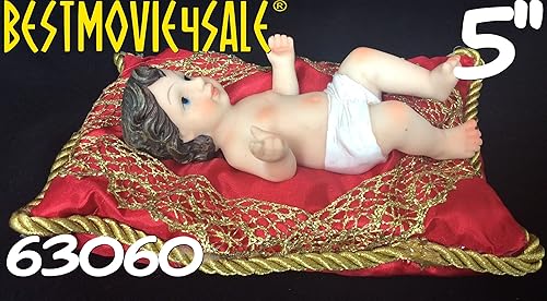 Miniatura 2 de Baby Jesus - Estatua de resina sobre almohada detallada roja y dorada, 5 pulgadas