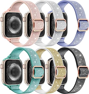 LETOID 6 Pack Stretchy Band Design for Apple Watch 38mm 40mm 41mm 42mm 44mm 45mm, Slim Women Nylon Elastic Wristbands Solo Loop Straps for iWatch Series 8 7 6 SE 5 4 3 2 1