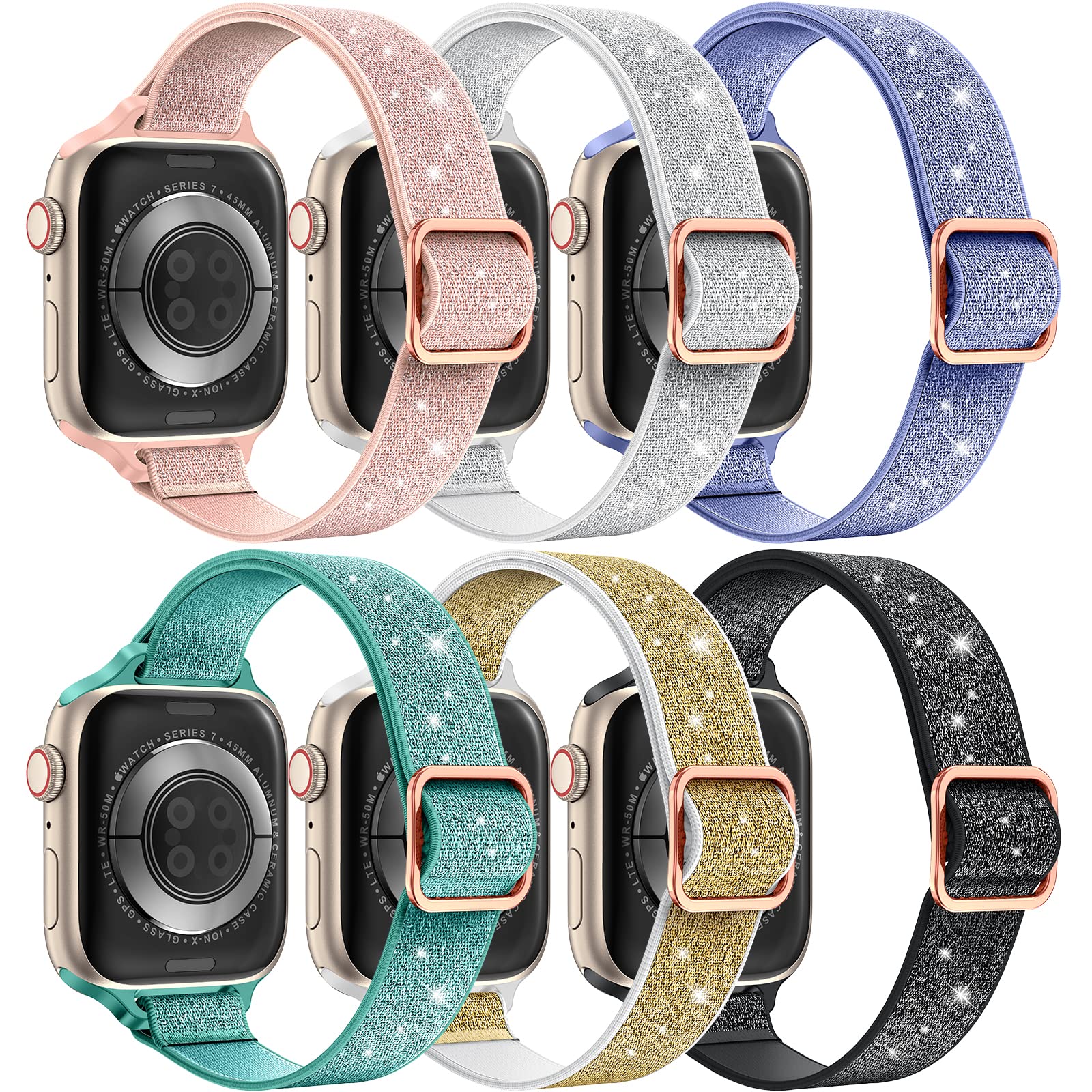 LETOID 6 Pack Stretchy Band Design for Apple Watch 38mm 40mm 41mm 42mm 44mm 45mm, Slim Women Nylon Elastic Wristbands Solo Loop Straps for iWatch Series 8 7 6 SE 5 4 3 2 1