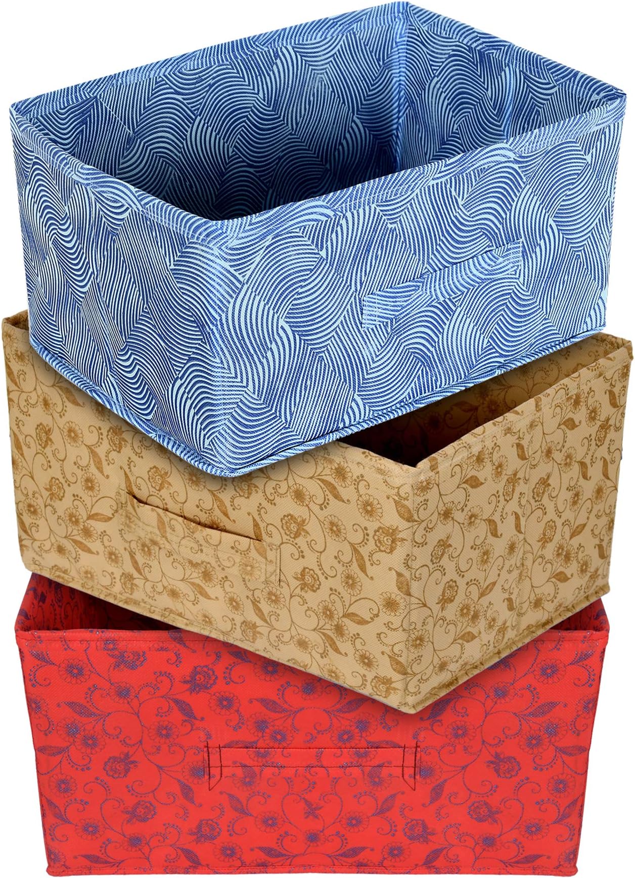 Kuber Industries Laheriya Metallic Print Rectangular Non Woven Fabric Modular Closet Organizer Box with Handle (Blue & Red & Beige, KUBMART15999, 42 x 29 x 22 cm), Set of 3