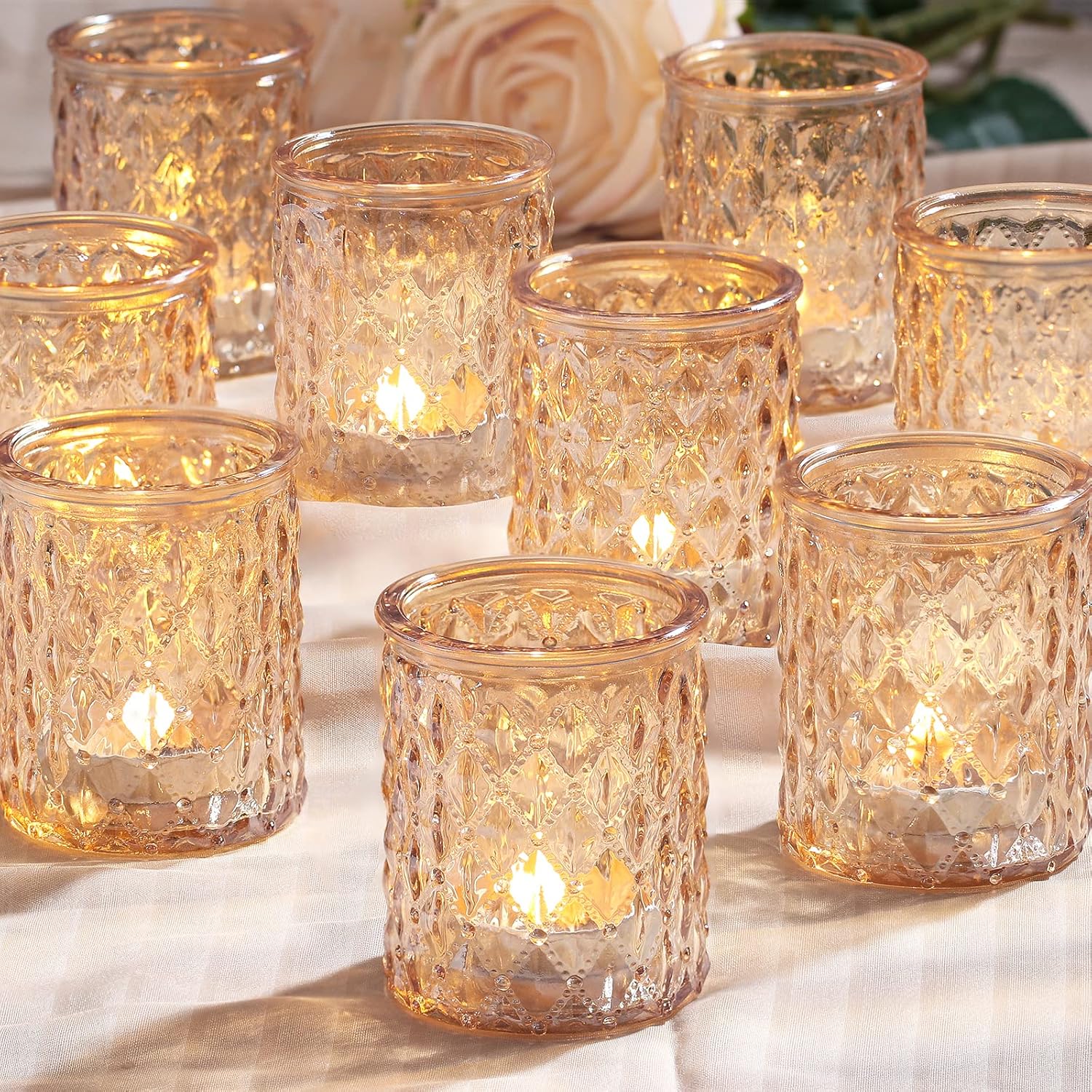 NITIME 12pcs Gold Glass Votive Candle Holders for Tealights - Wedding Table Centerpieces, Romantic Home & Party Decor