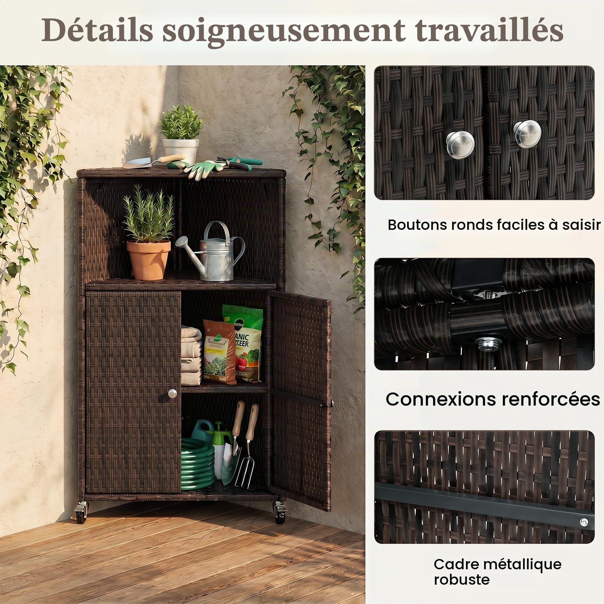 LIFEZEAL Armoire de Jardin en Rotin, Armoire d'angle avec Étagères