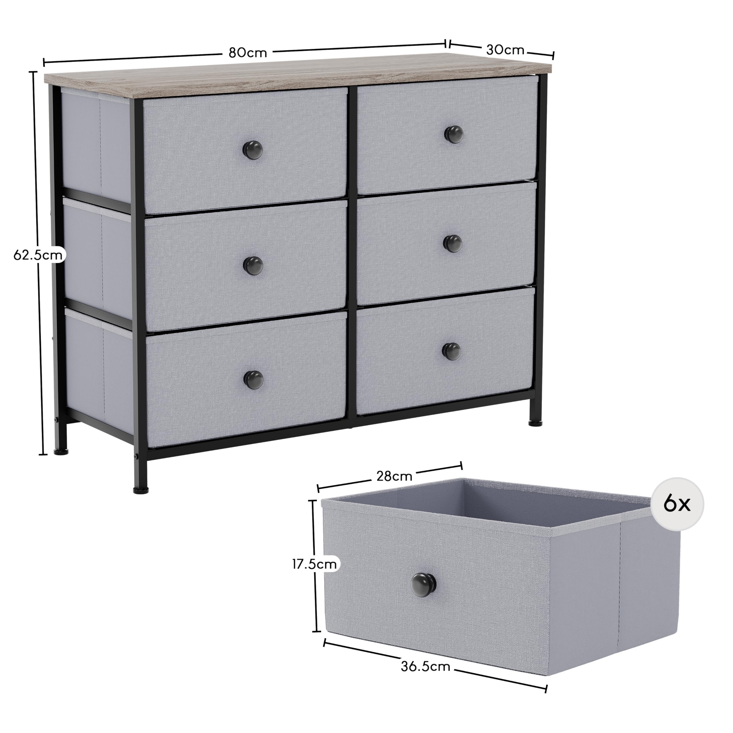 Vida Designs Chorley, cassettiera con 6 cassetti, in tessuto, con piano in legno, struttura in metallo e maniglie, ideale per camera da letto, soggiorno, cameretta dei bambini, legno beige e grigio