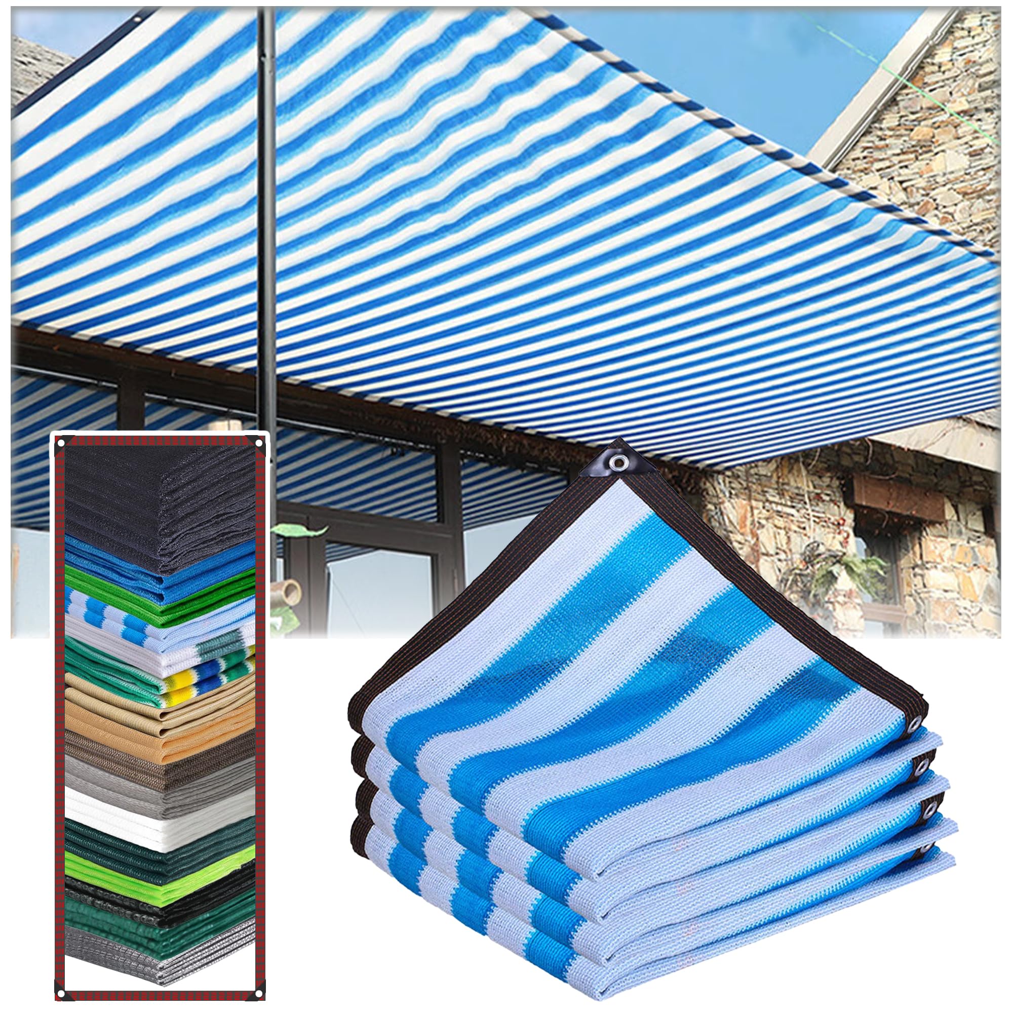 KLGFBDC 90% UV Blocking Shade Cloth HDPE for Balcony Pergola Pool Garden Greenhouse Chicken Coop Camping Blue Stripes (10x22m)